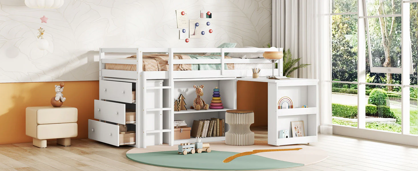 Twin Loft Bed with Storage, Drawers, Shelf Cabinet and Pull-Out Desk, Safety Guardrail, Ladder, White - Image 11