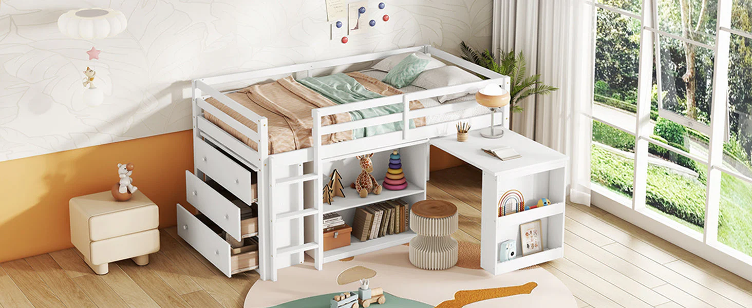 Twin Loft Bed with Storage, Drawers, Shelf Cabinet and Pull-Out Desk, Safety Guardrail, Ladder, White - Image 12