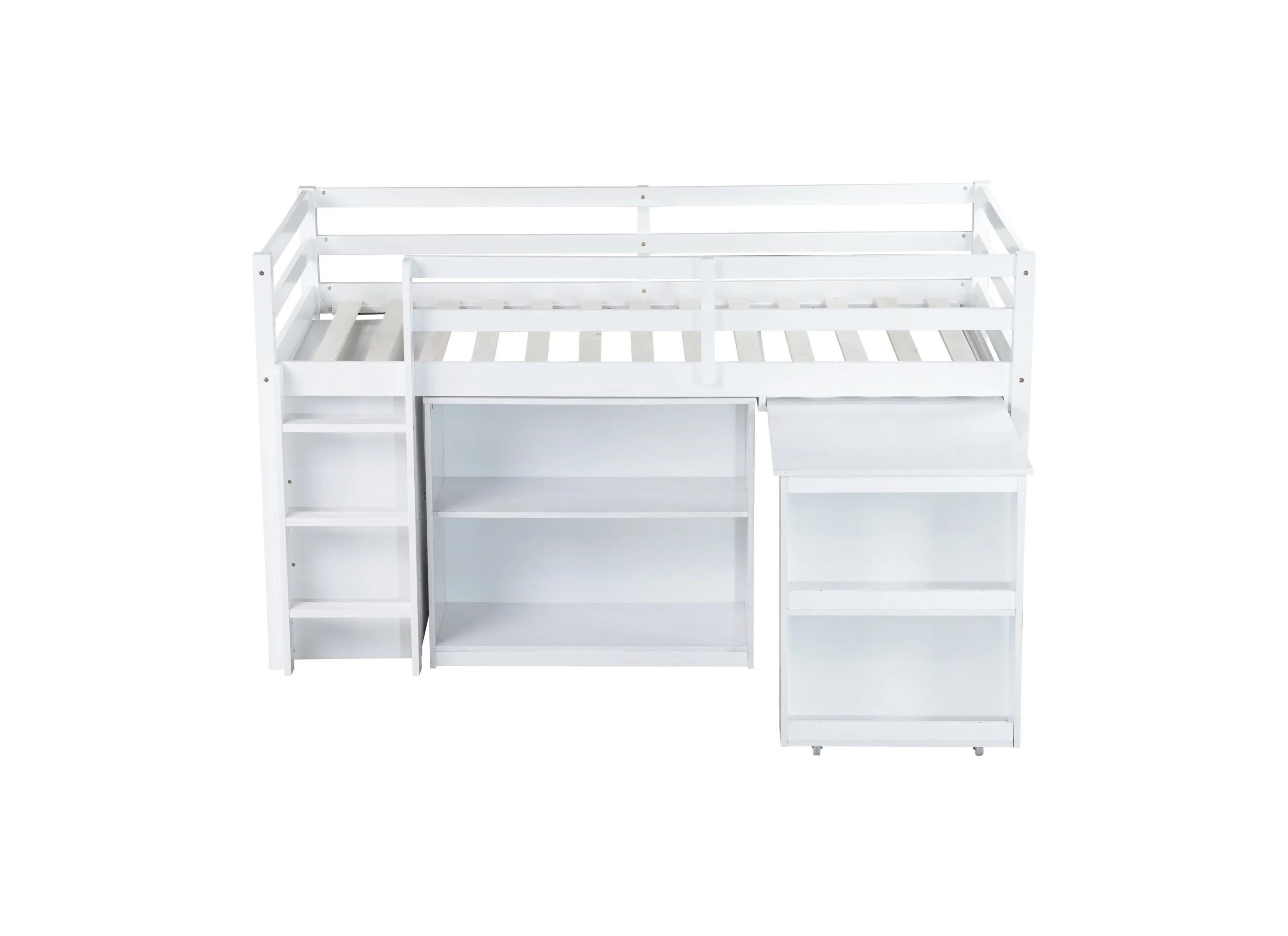 Twin Loft Bed with Storage, Drawers, Shelf Cabinet and Pull-Out Desk, Safety Guardrail, Ladder, White - Image 17