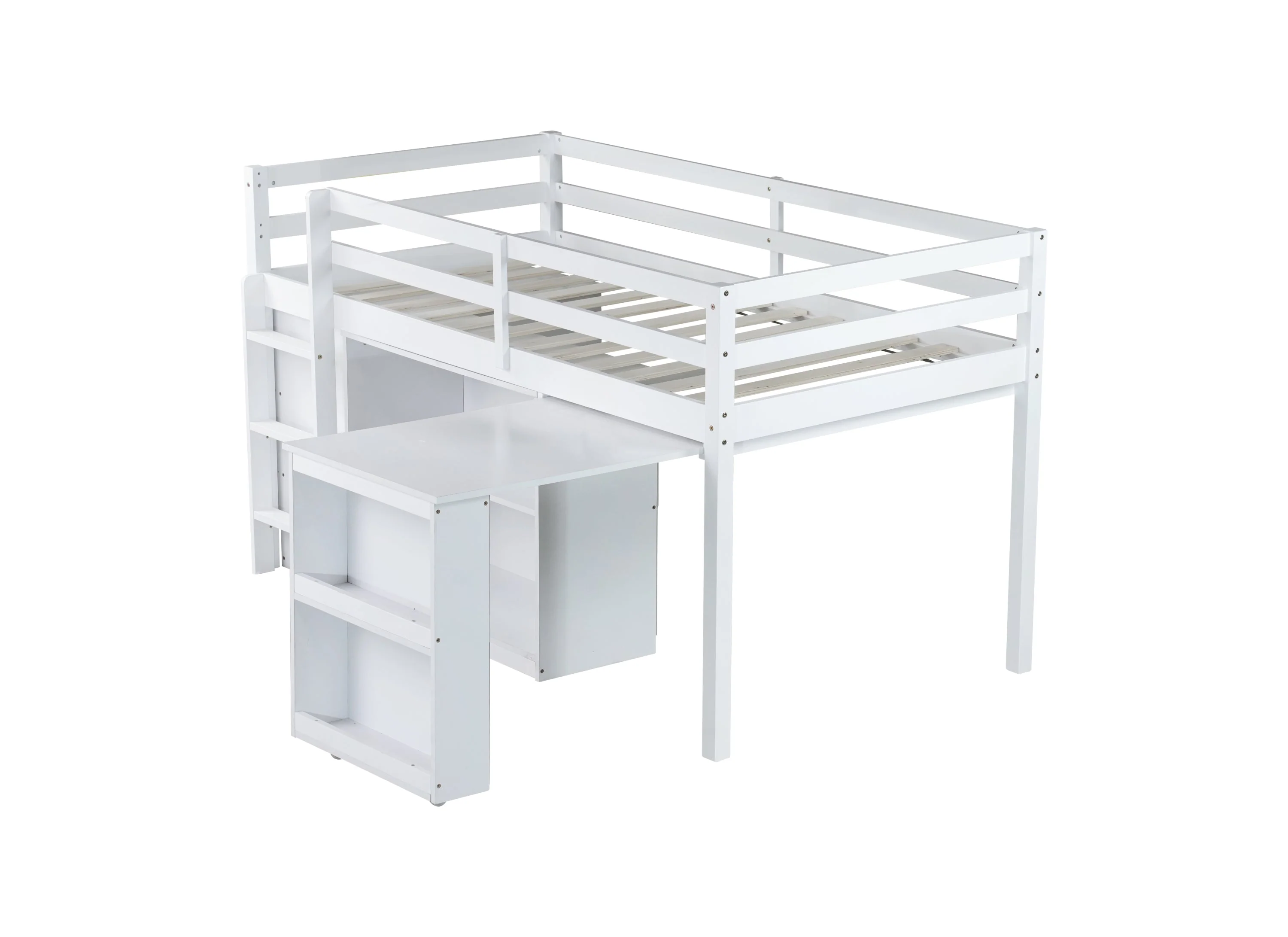 Twin Loft Bed with Storage, Drawers, Shelf Cabinet and Pull-Out Desk, Safety Guardrail, Ladder, White - Image 22
