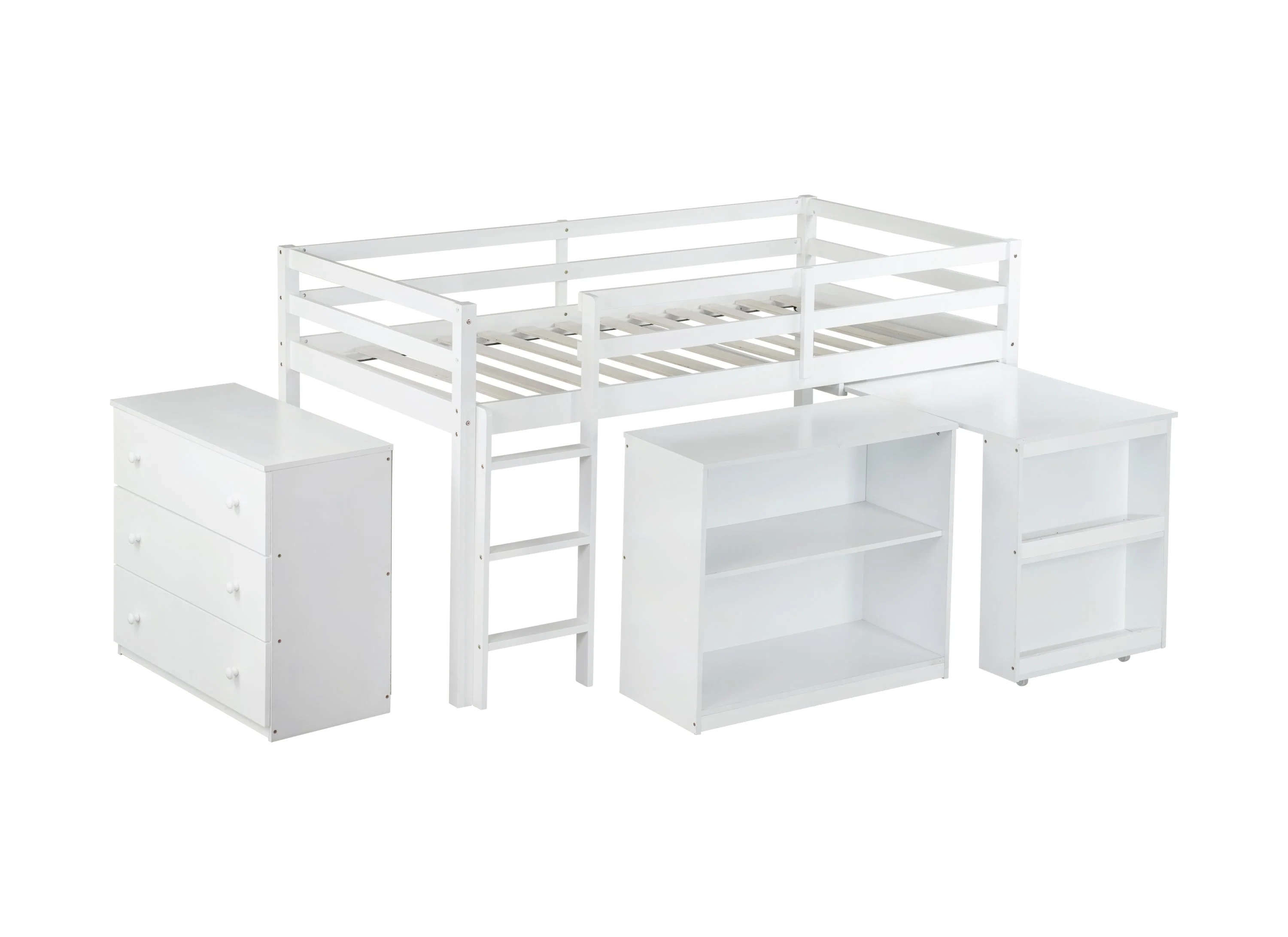 Twin Loft Bed with Storage, Drawers, Shelf Cabinet and Pull-Out Desk, Safety Guardrail, Ladder, White - Image 24