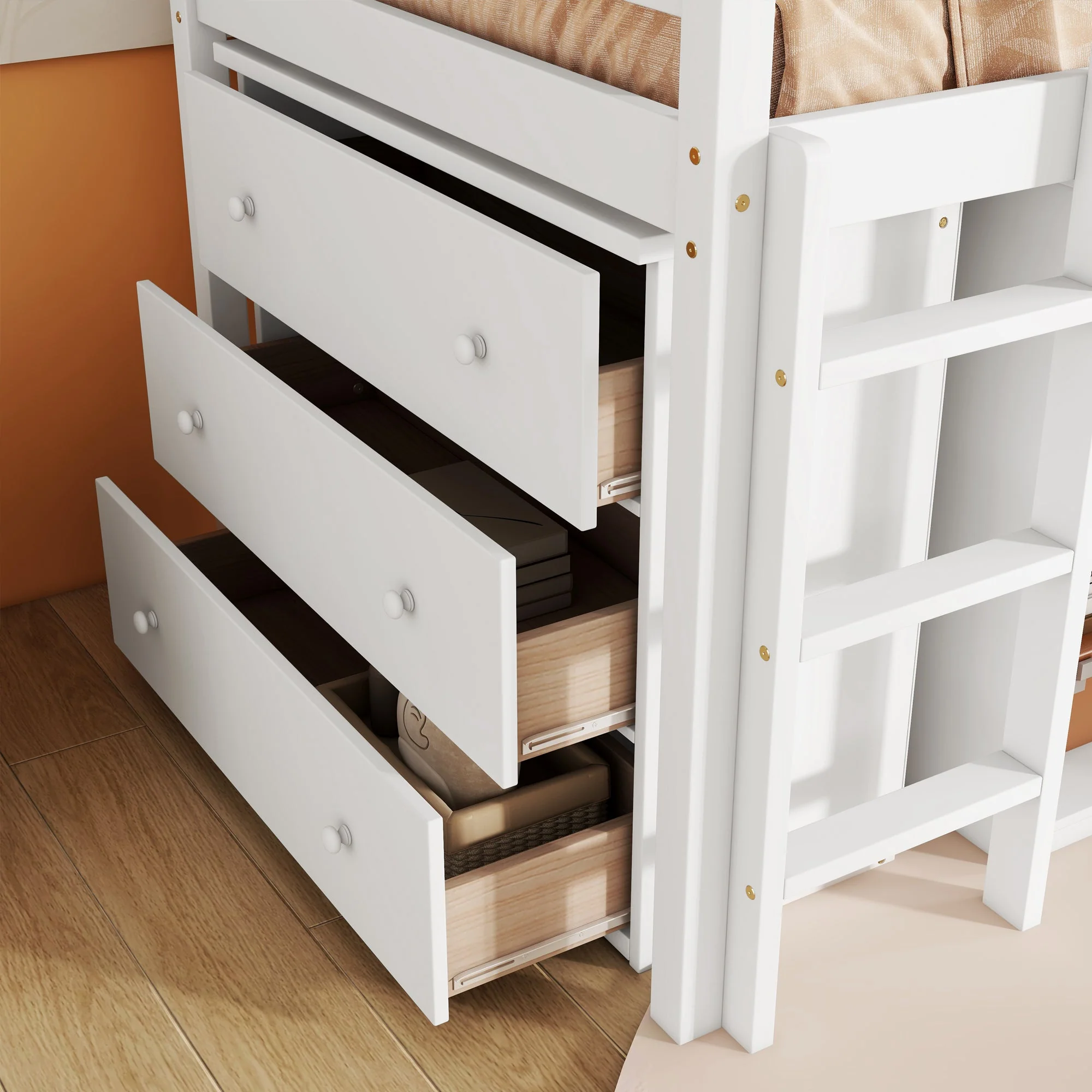 Twin Loft Bed with Storage, Drawers, Shelf Cabinet and Pull-Out Desk, Safety Guardrail, Ladder, White - Image 5