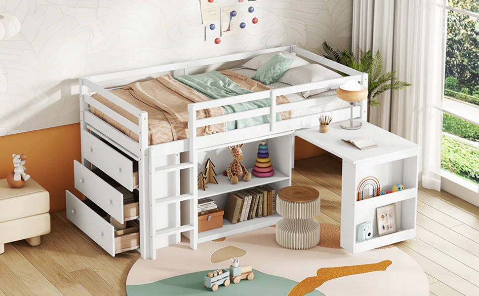 Twin Loft Bed with Storage, Drawers, Shelf Cabinet and Pull-Out Desk, Safety Guardrail, Ladder, White - Image 7