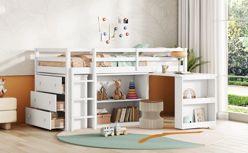 Twin Loft Bed with Storage, Drawers, Shelf Cabinet and Pull-Out Desk, Safety Guardrail, Ladder, White - Image 8