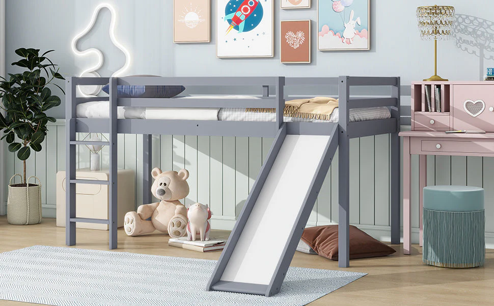 Twin Low Loft Bed with Slide, Ladder, Safety Guardrails, Grey - Image 5