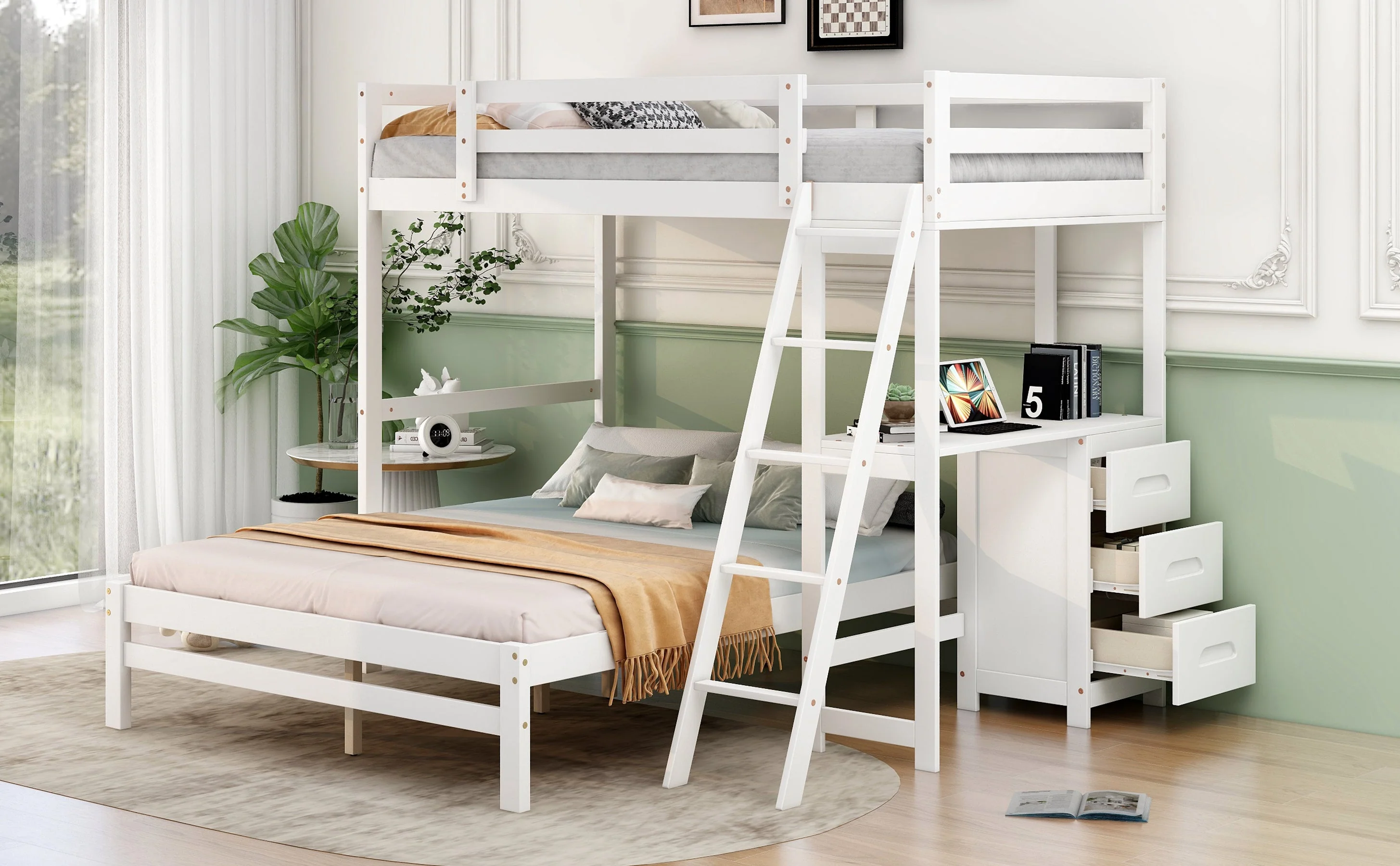Twin-Over-Full Bunk Bed with Built-in Desk and Three Drawers, White - Image 4