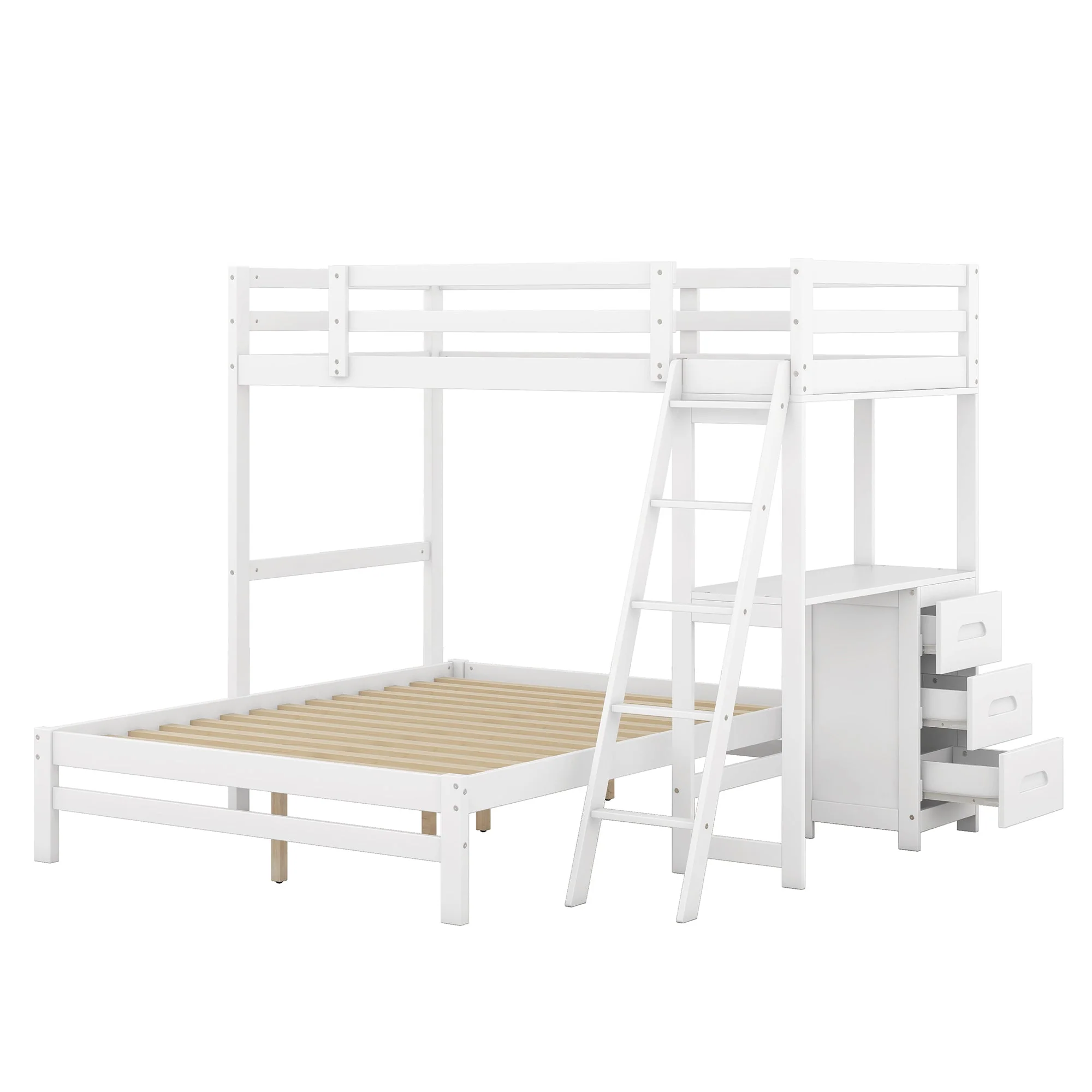 Twin-Over-Full Bunk Bed with Built-in Desk and Three Drawers, White - Image 9