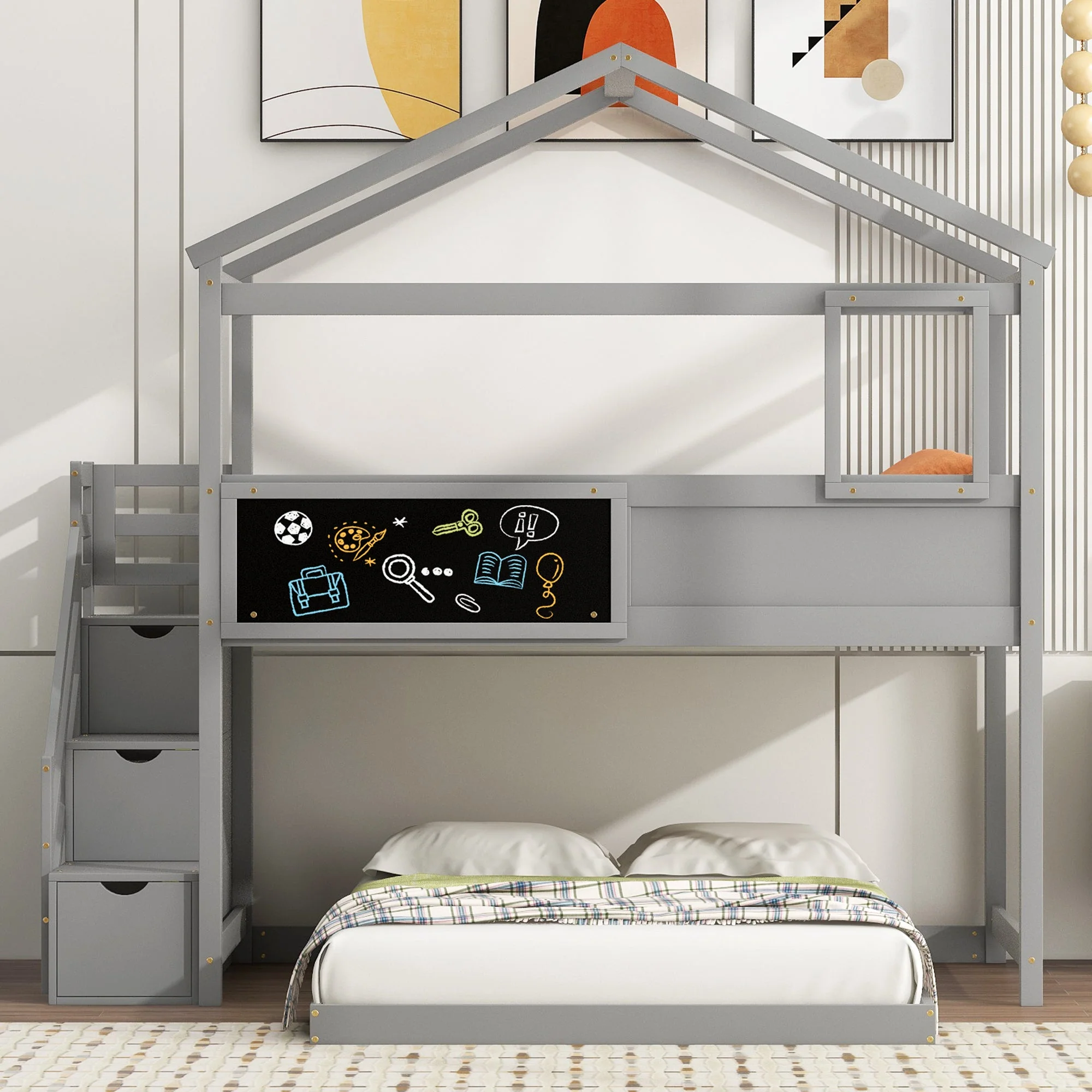 Twin-Over-Full House Bunk Bed with Storage Staircase and Blackboard, Gray - Image 3