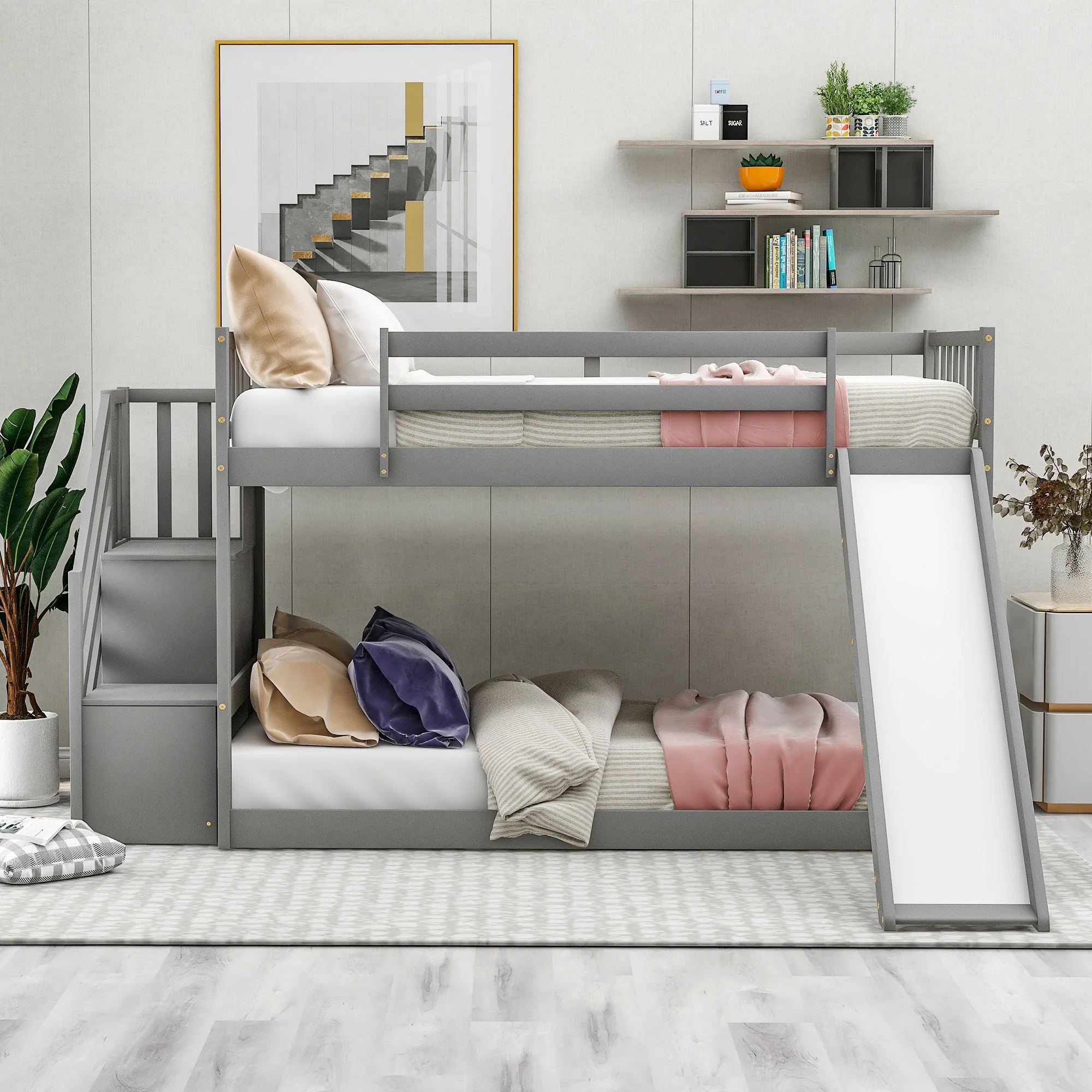 Twin-Over-Twin Bunk Bed with Convertible Slide and Stairway, Gray - Image 2