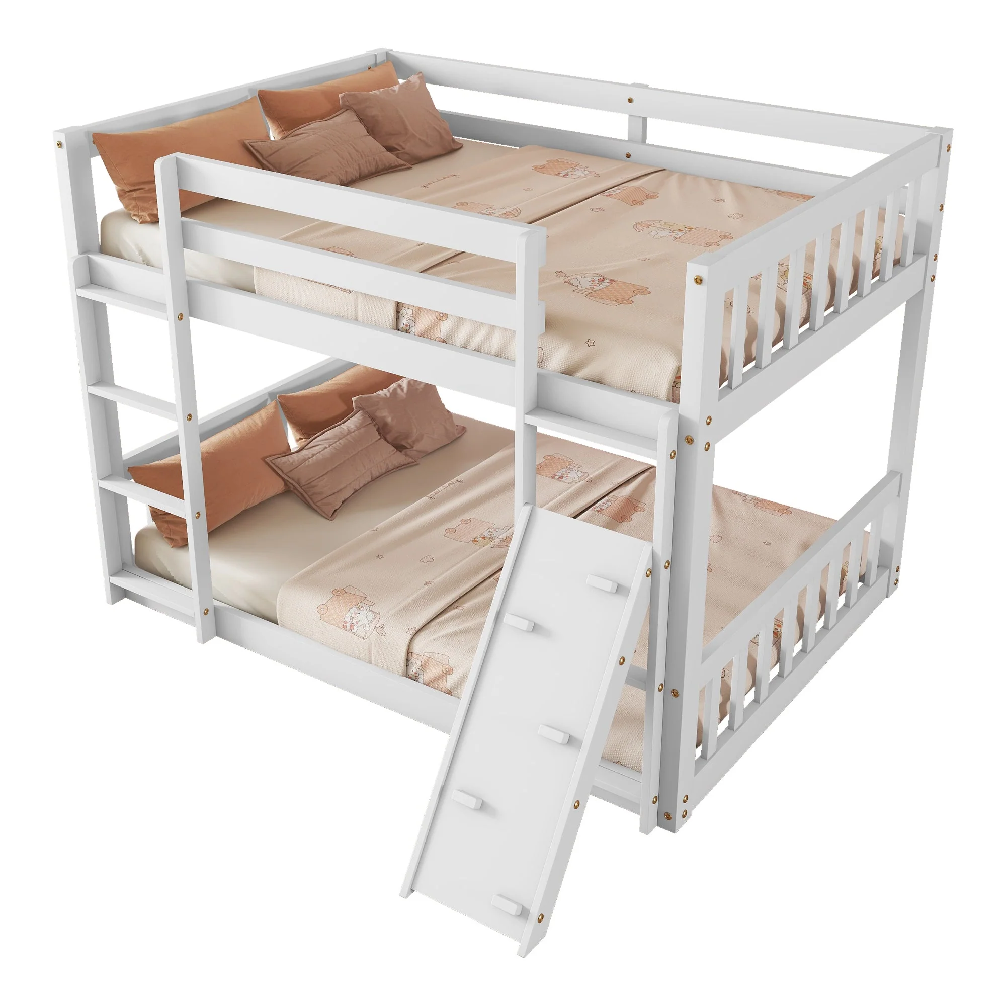 Twin-Over-Twin Floor Bunk Bed, Ladder, Safety Guardrails, White - Image 12