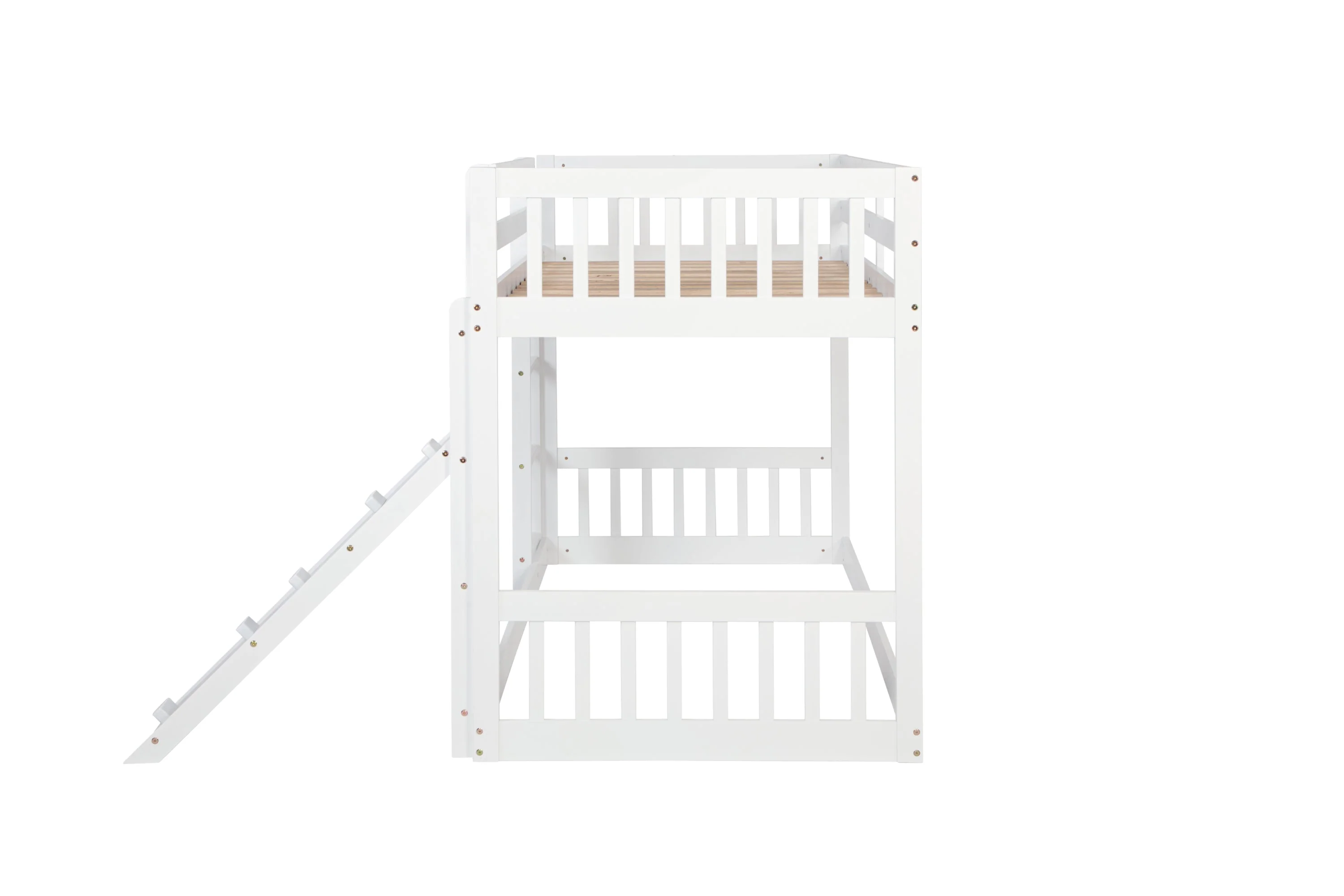 Twin-Over-Twin Floor Bunk Bed, Ladder, Safety Guardrails, White - Image 28