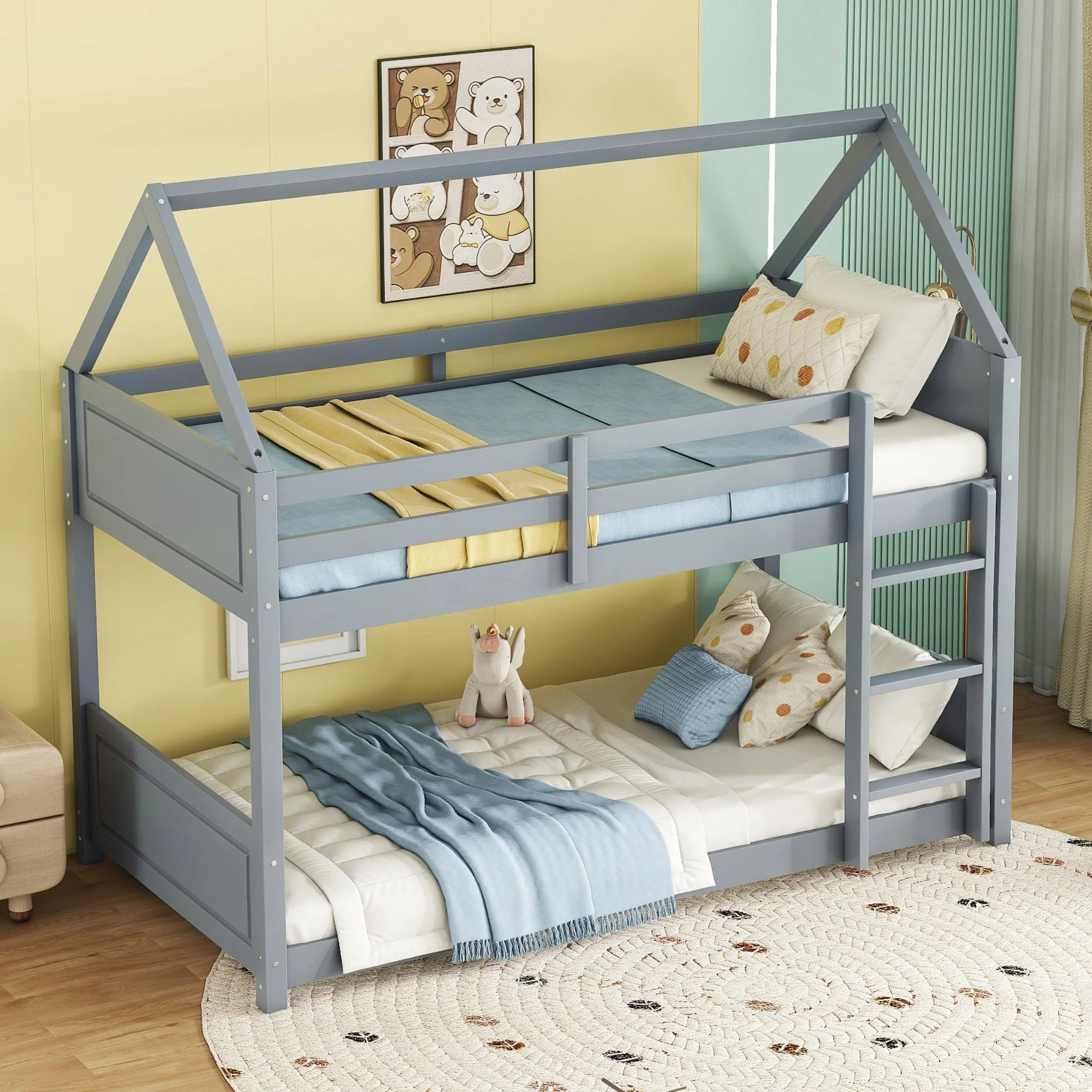 Twin-Over-Twin House Floor Bunk Bed with Guardrails, Ladder, Light Grey - Image 2
