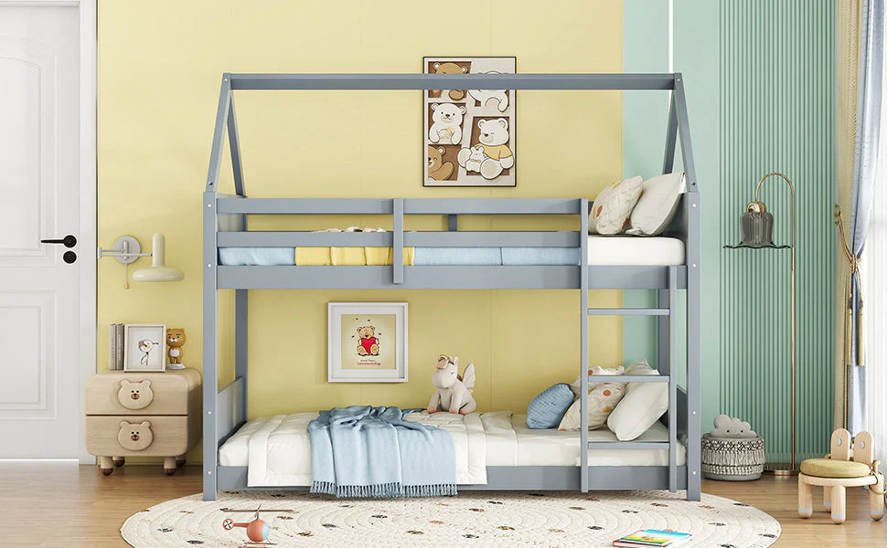 Twin-Over-Twin House Floor Bunk Bed with Guardrails, Ladder, Light Grey - Image 6