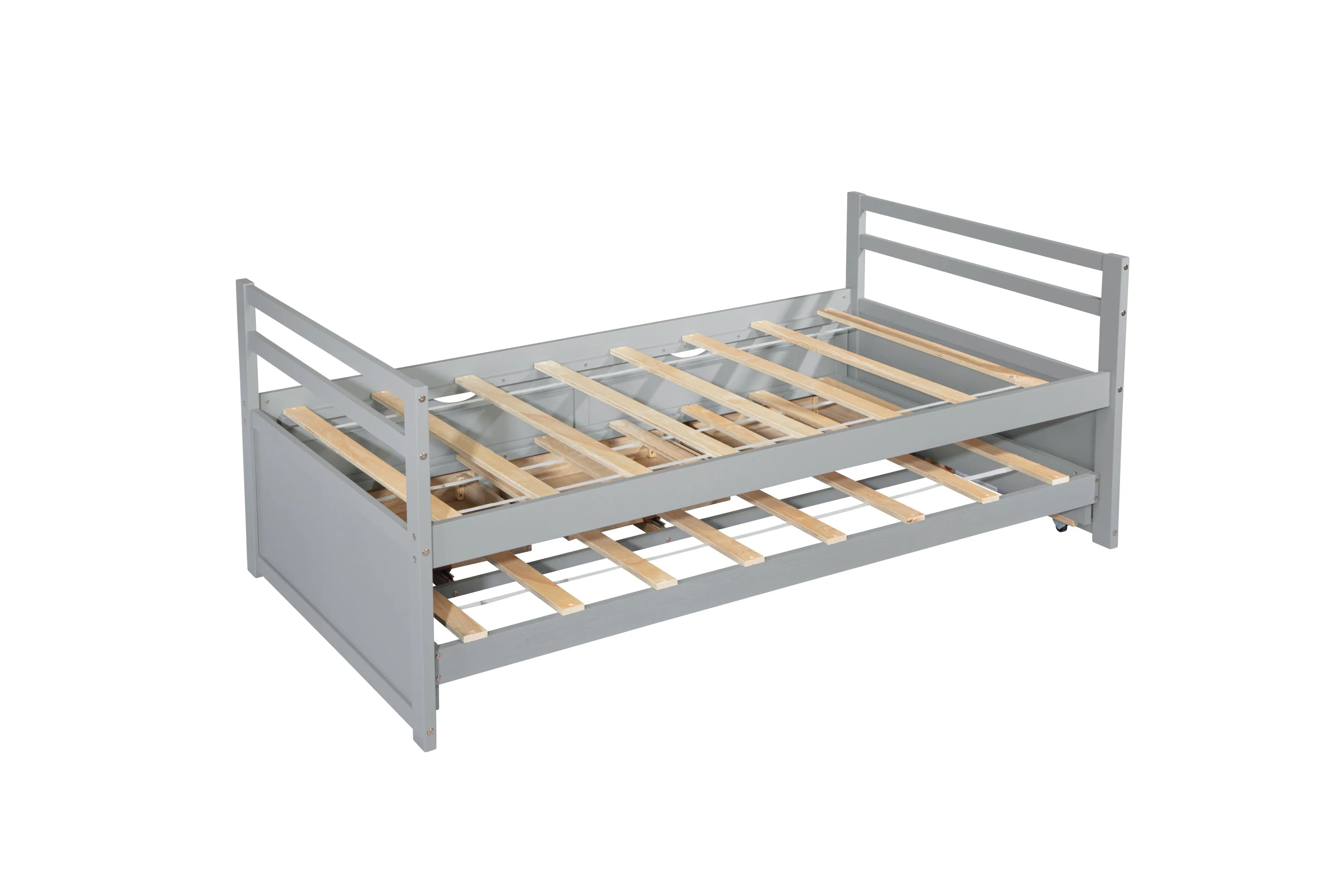 Twin Size Bed with Headboard, Footboard, Trundle and Three Storage Drawers, Pine Wood, Grey - Image 10