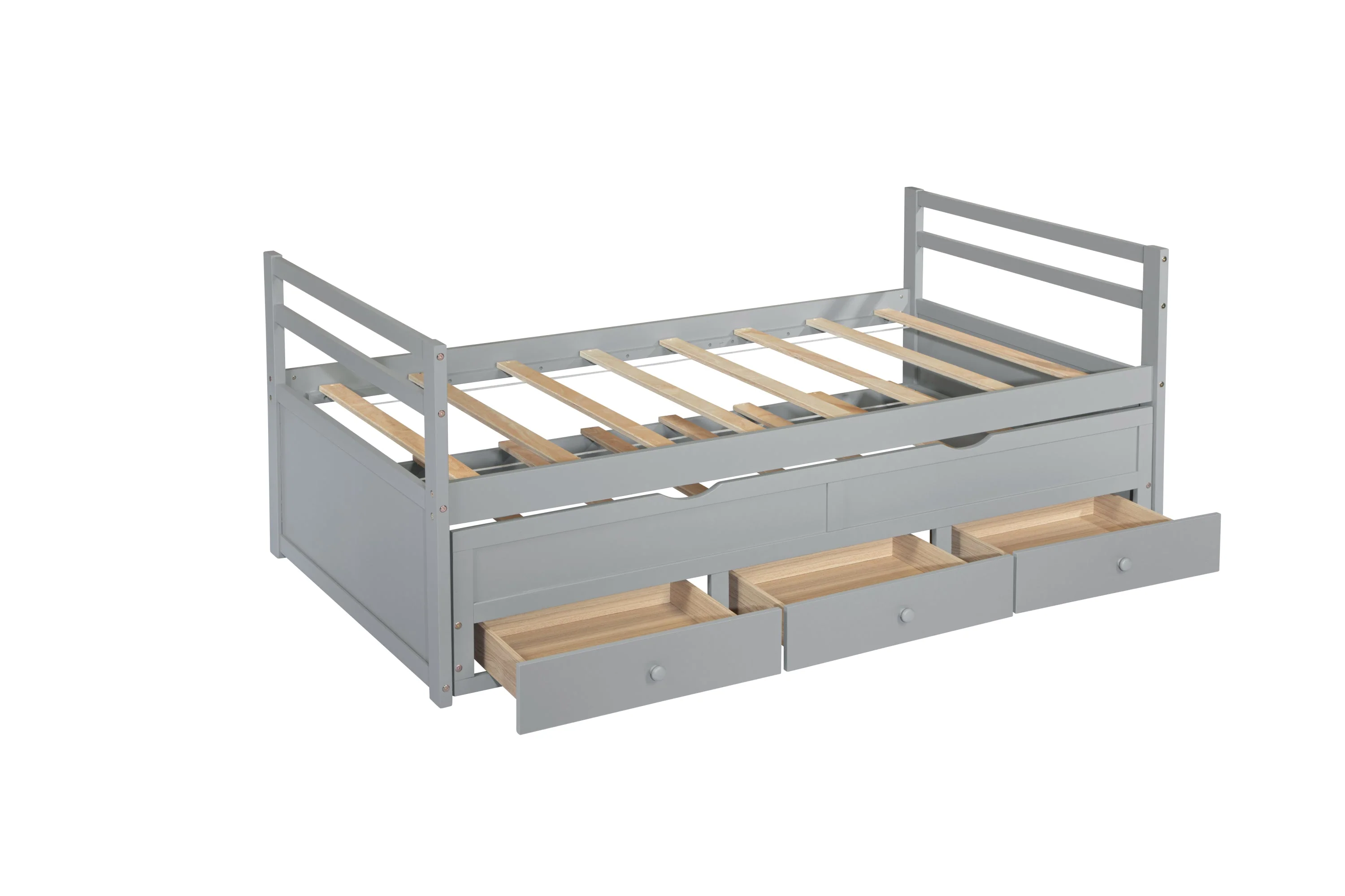 Twin Size Bed with Headboard, Footboard, Trundle and Three Storage Drawers, Pine Wood, Grey - Image 11