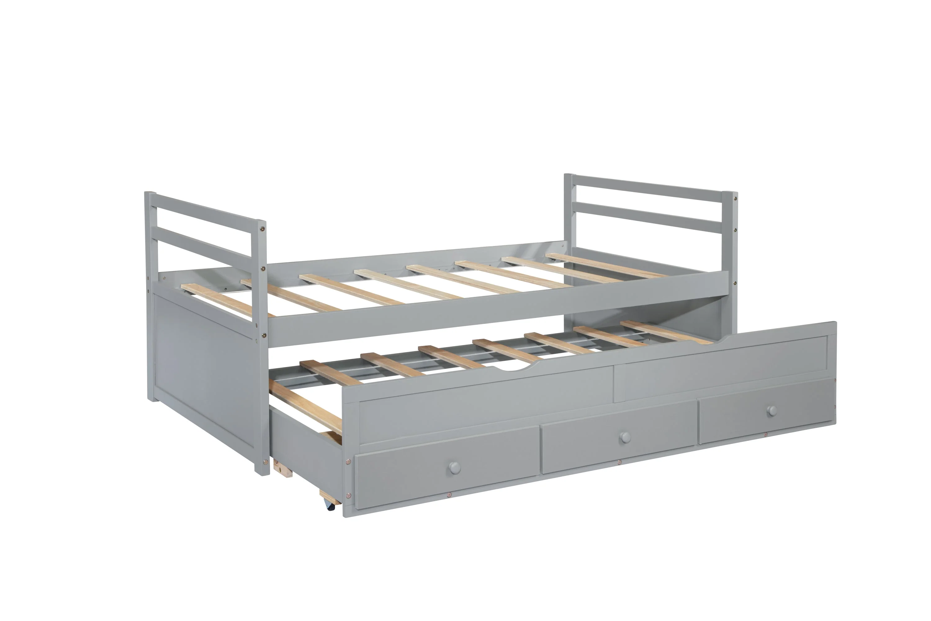 Twin Size Bed with Headboard, Footboard, Trundle and Three Storage Drawers, Pine Wood, Grey - Image 34