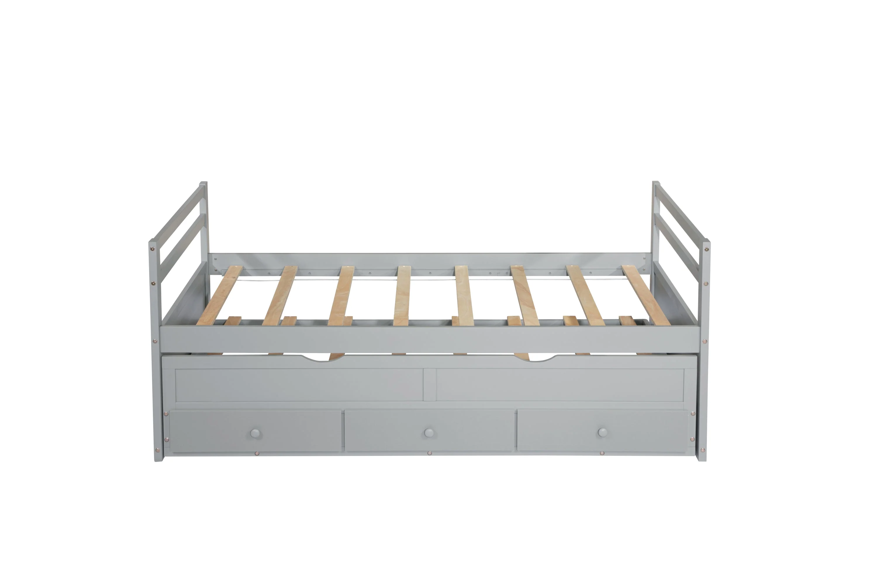 Twin Size Bed with Headboard, Footboard, Trundle and Three Storage Drawers, Pine Wood, Grey - Image 46