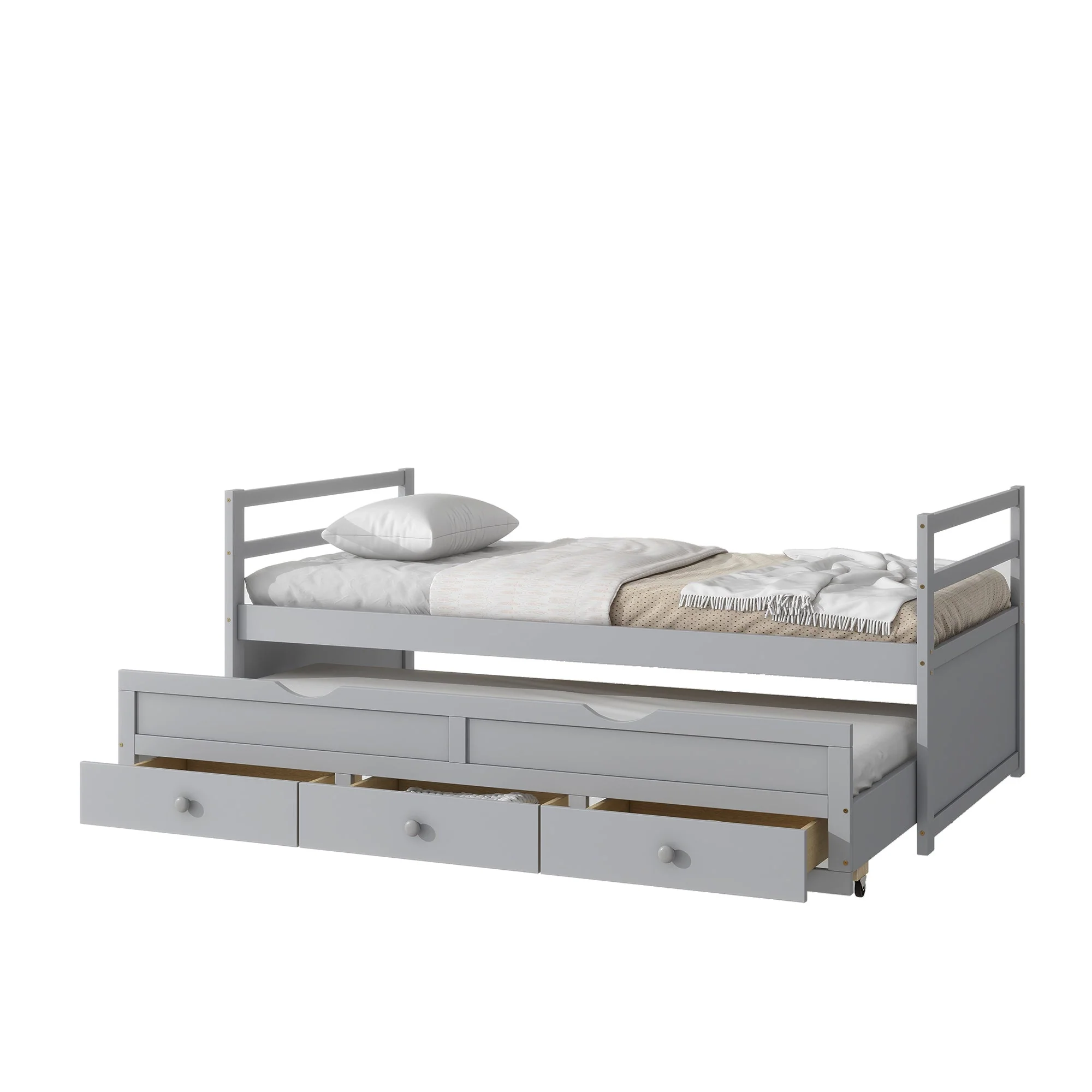 Twin Size Bed with Headboard, Footboard, Trundle and Three Storage Drawers, Pine Wood, Grey - Image 8