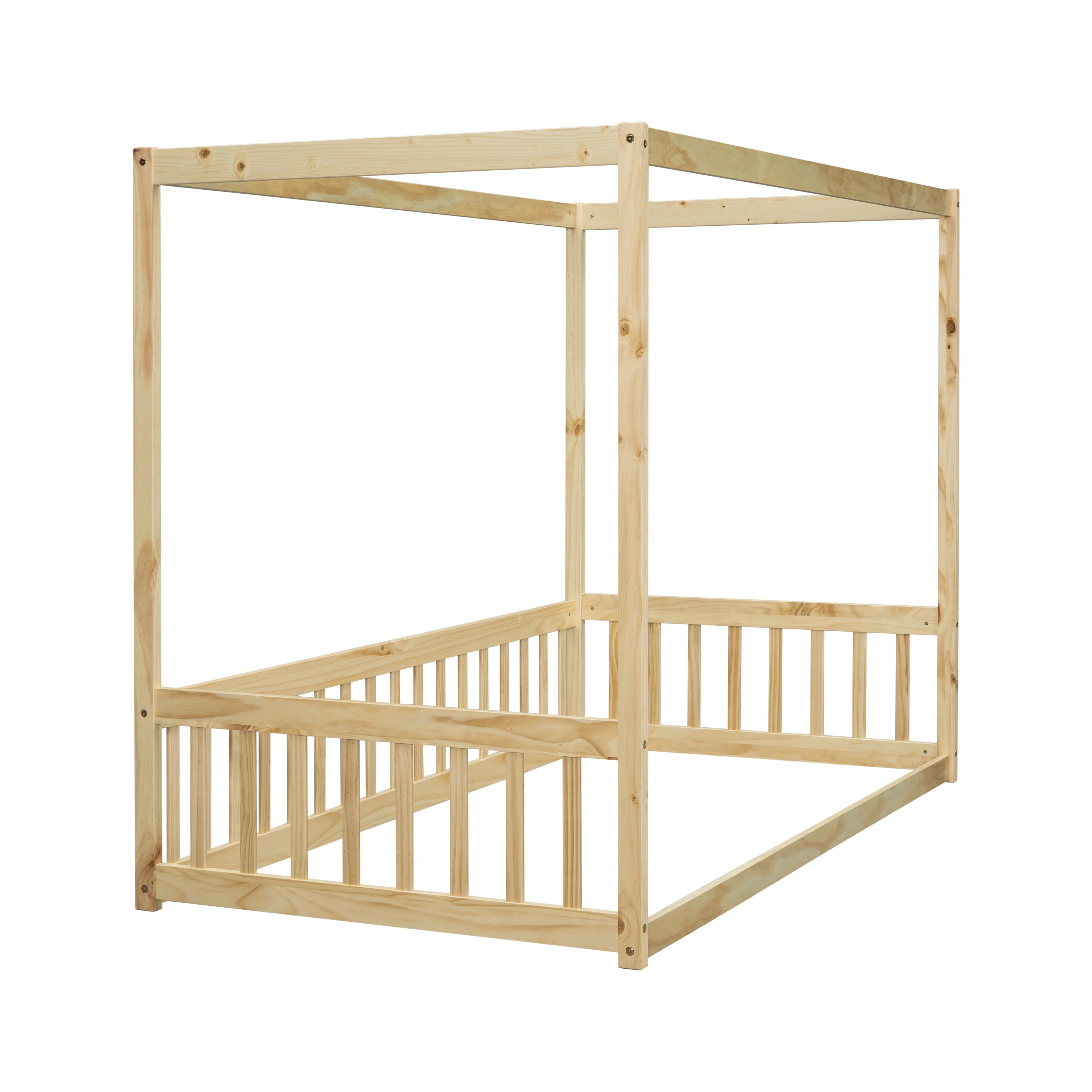 Twin Size Canopy Frame Floor Bed with Fence, Guardrails, Natural - Image 17