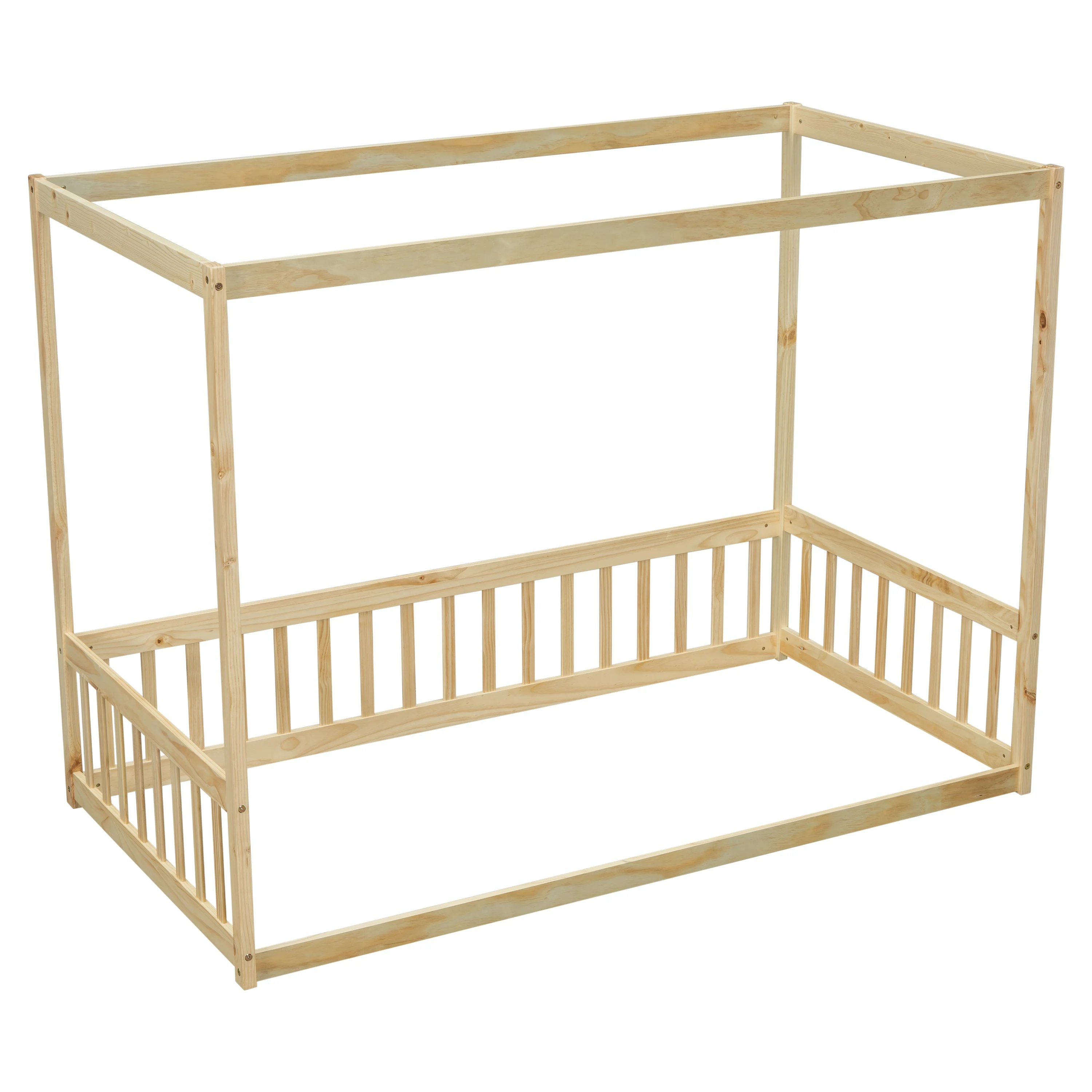 Twin Size Canopy Frame Floor Bed with Fence, Guardrails, Natural - Image 23