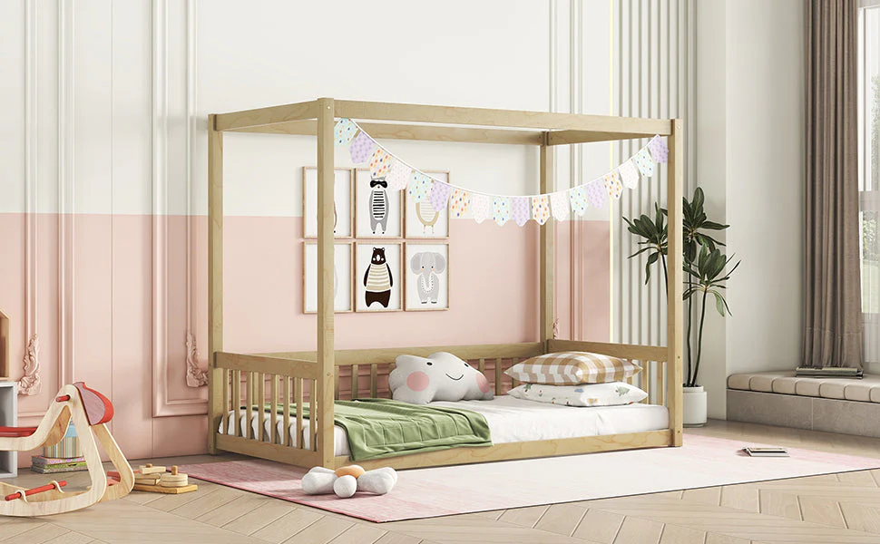 Twin Size Canopy Frame Floor Bed with Fence, Guardrails, Natural - Image 8