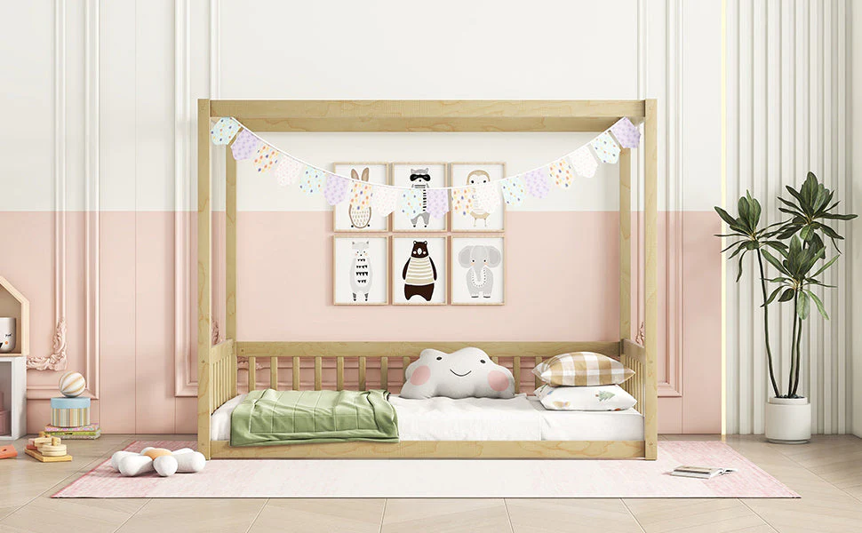 Twin Size Canopy Frame Floor Bed with Fence, Guardrails, Natural - Image 9