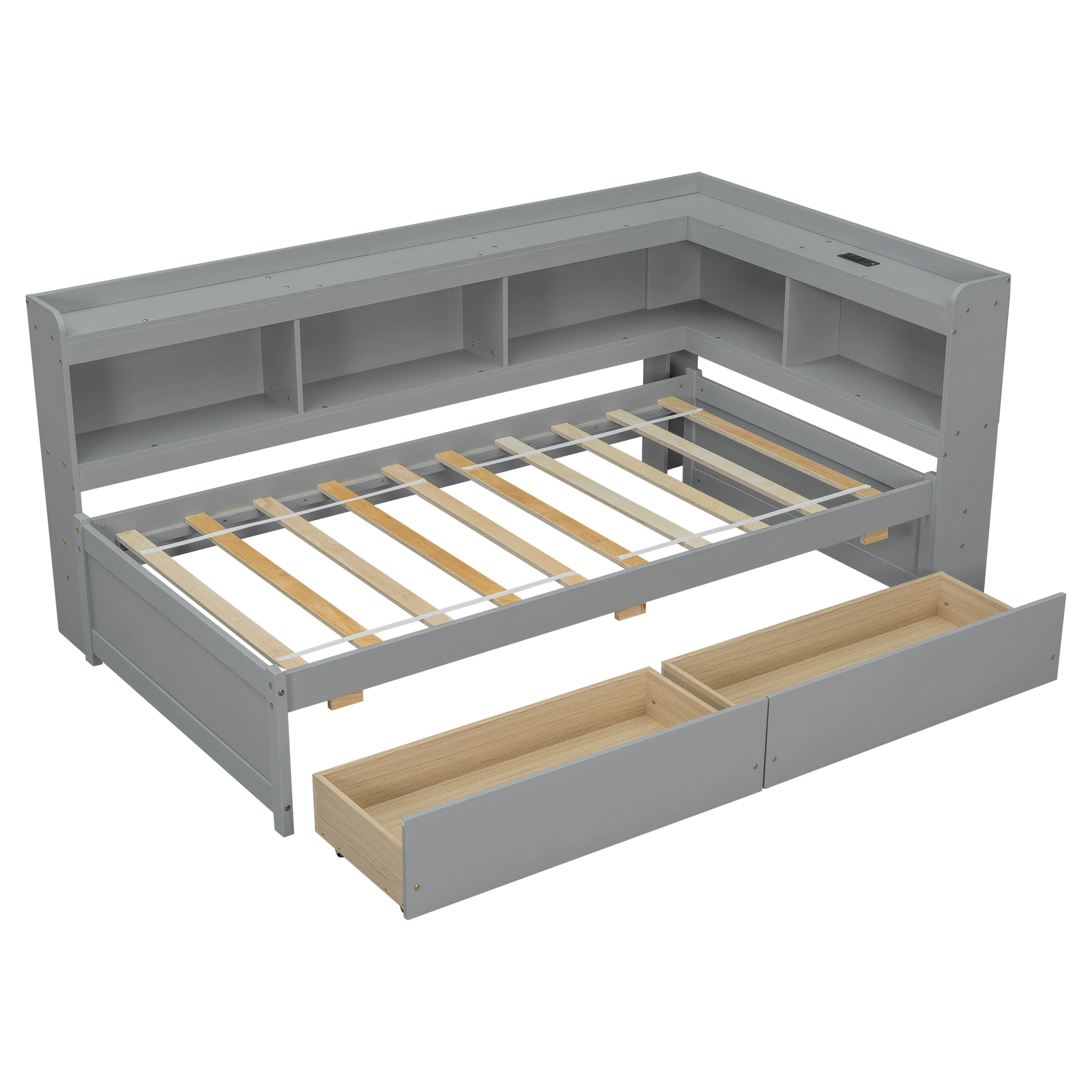 Twin Size L-Shaped Bookcases Bed with Power Outlets, USB Charging Ports, Two Drawers, Grey - Image 10