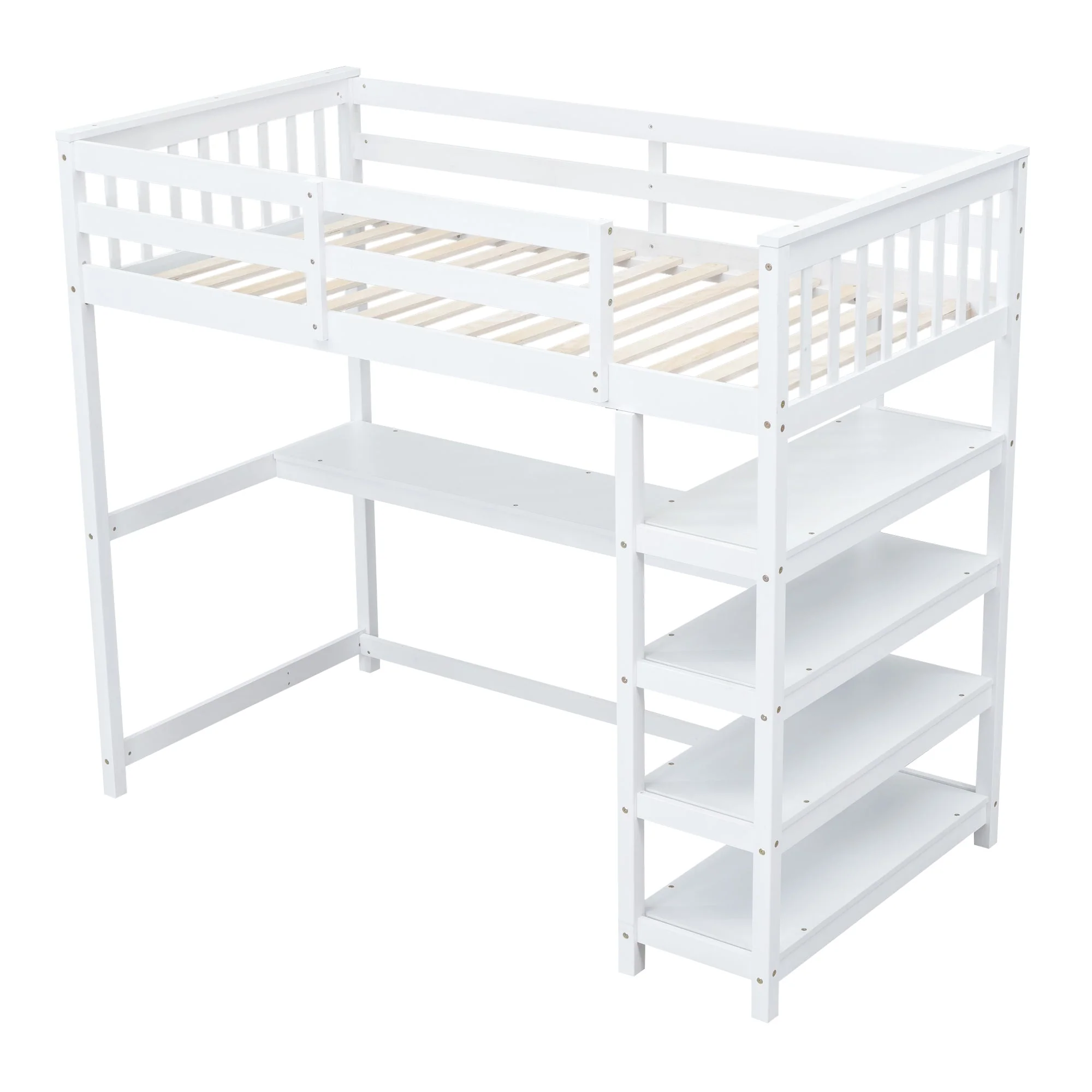 Twin Size Loft Bed with Storage Shelves and Under-bed Desk, White - Image 13