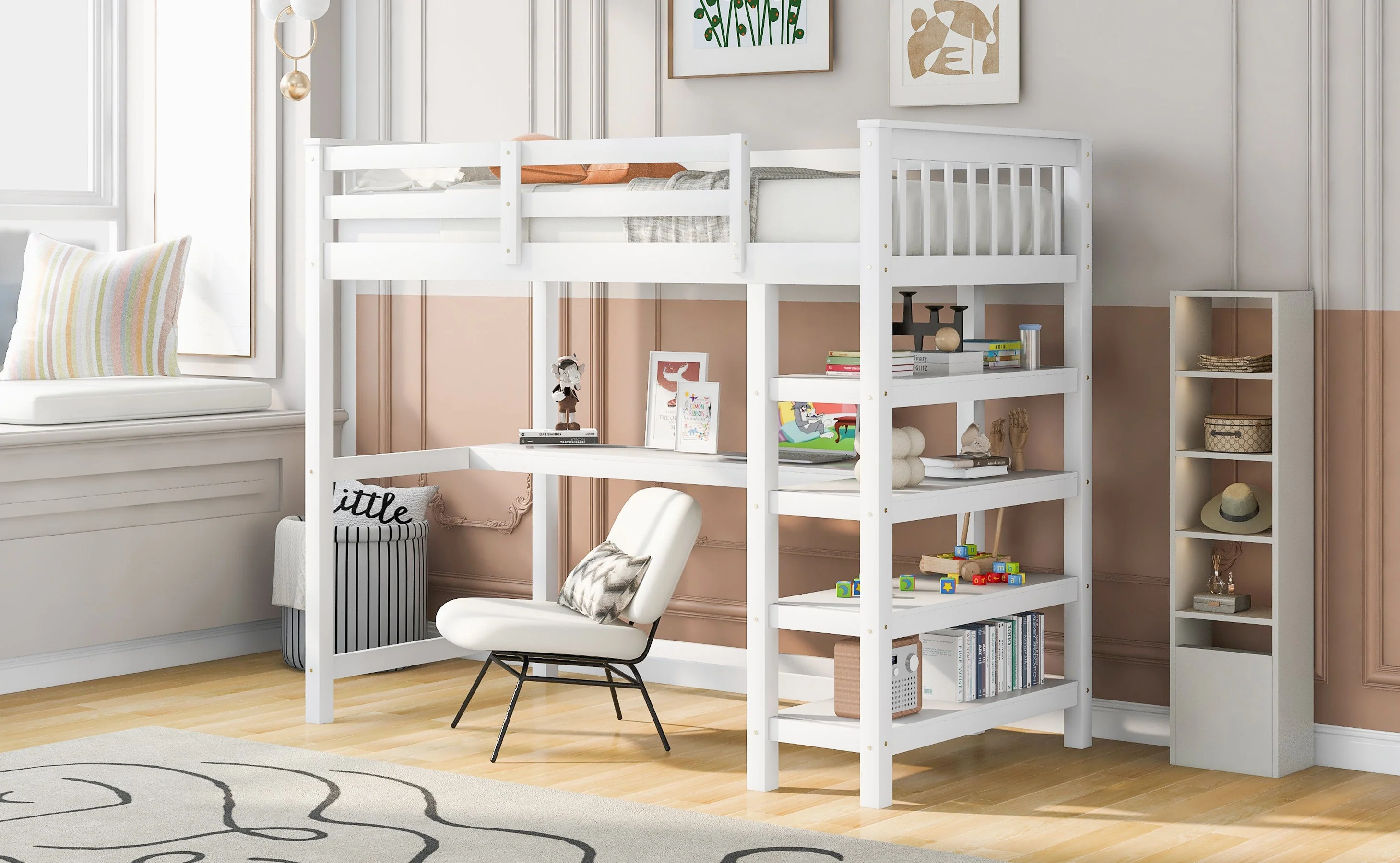 Twin Size Loft Bed with Storage Shelves and Under-bed Desk, White - Image 4