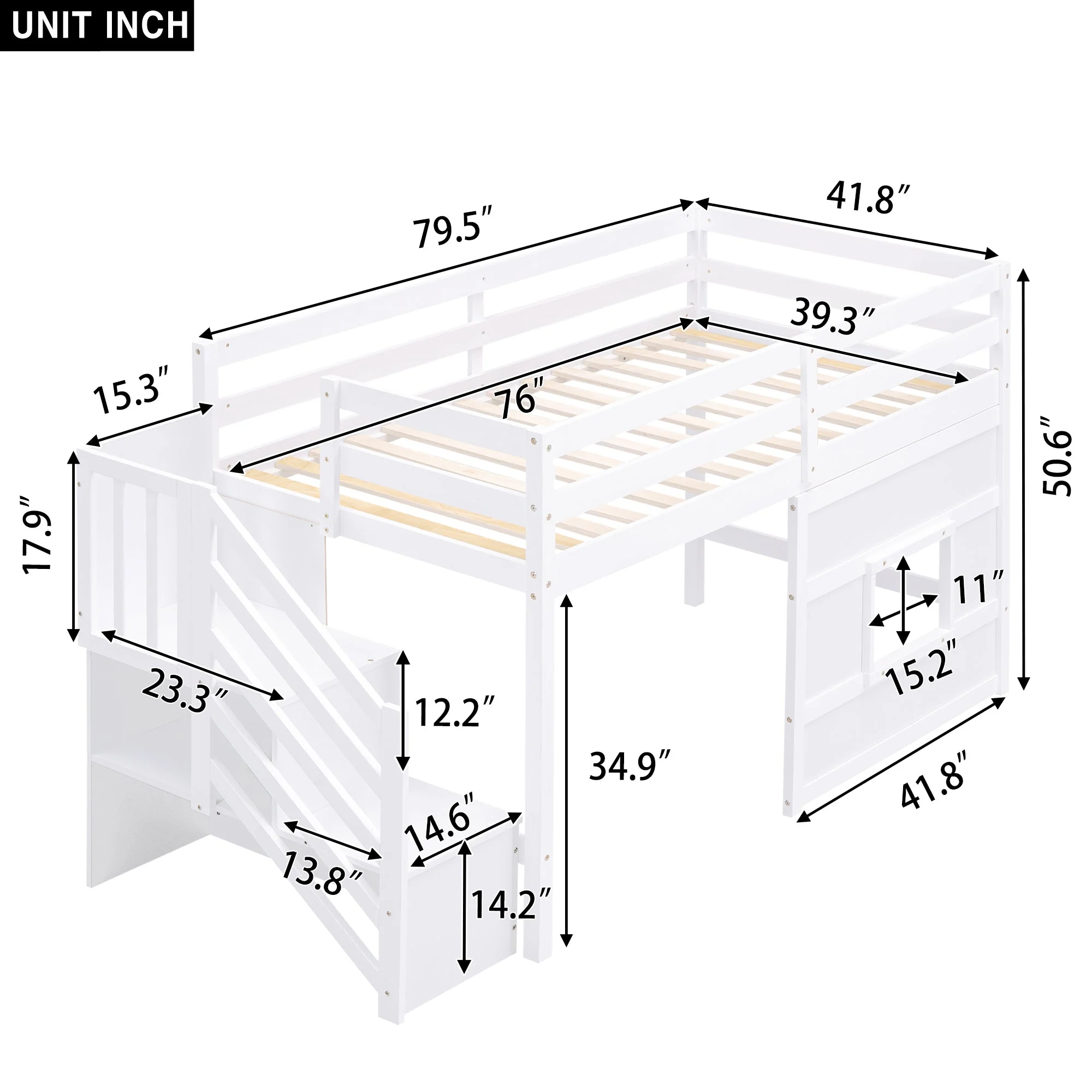 Twin Size Loft Bed with Storage Staircase and Window, White - Image 6
