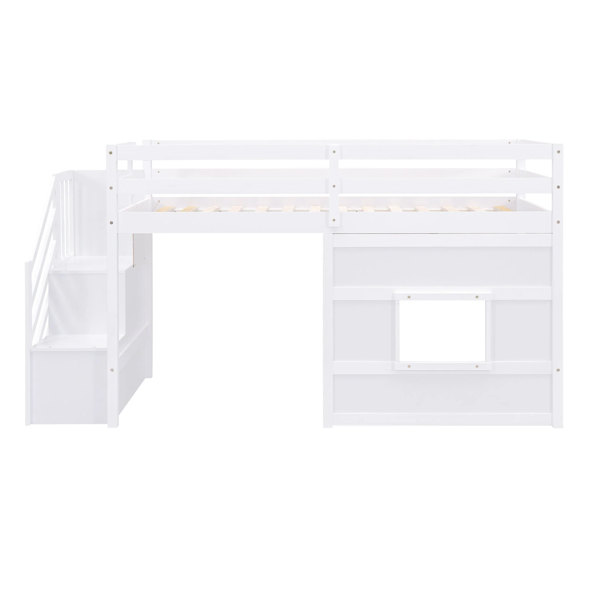 Twin Size Loft Bed with Storage Staircase and Window, White - Image 7