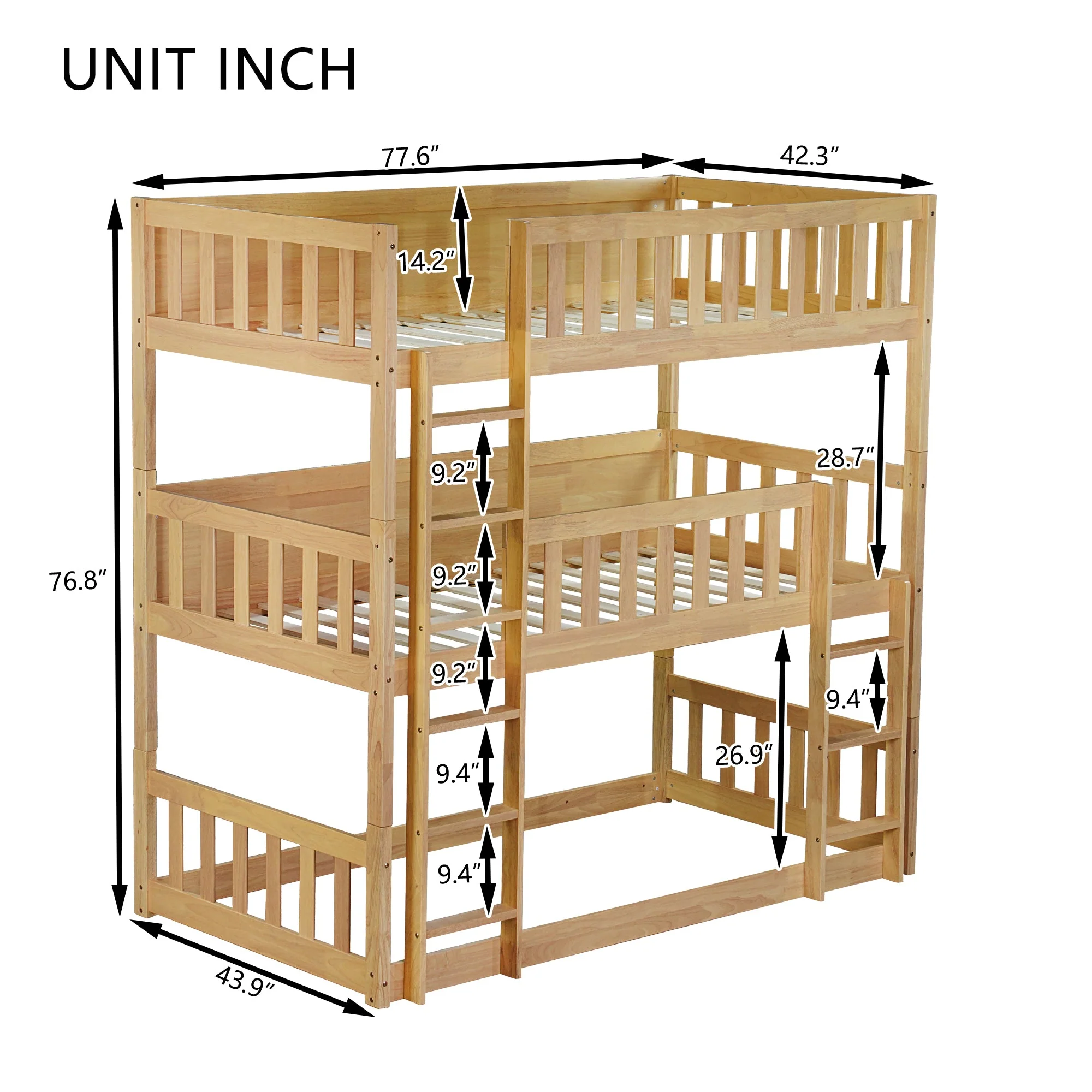 Twin Size Triple Rubber Wood Bunk Bed, with Ladders, Guardrails, Twin over Twin, Natural - Image 14