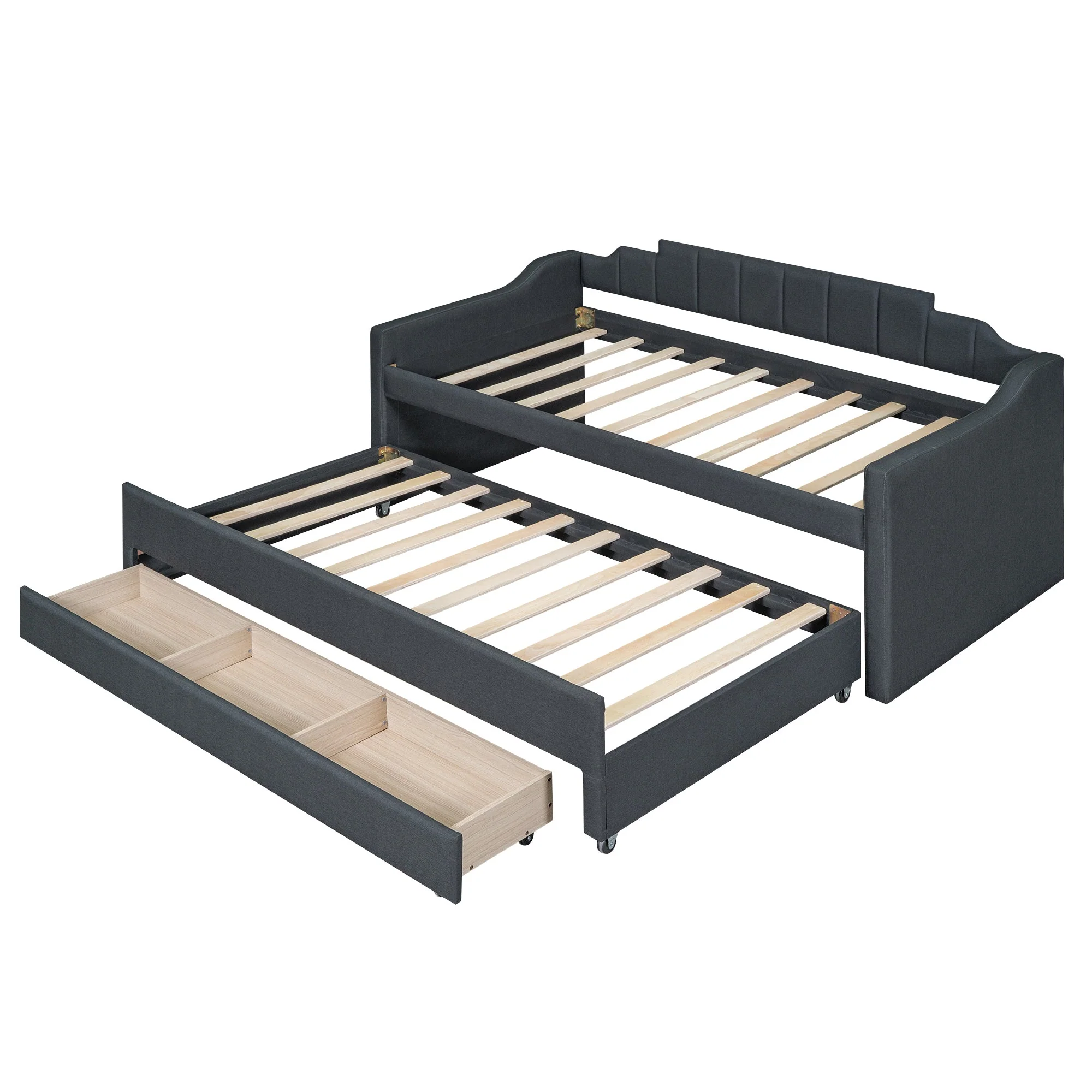 Twin Size Upholstered Daybed with Trundle and Three Drawers, Grey - Image 15