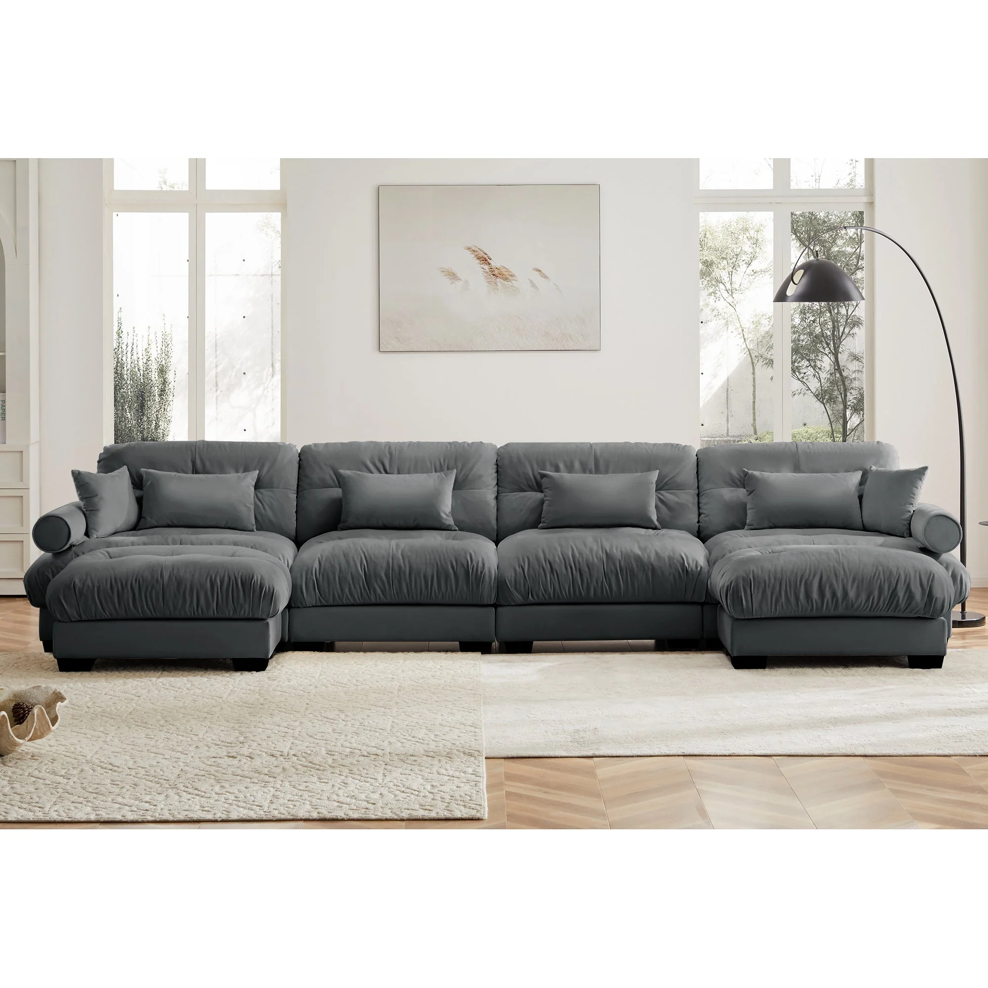 U Shaped Sectional Sofa Couch with Ottomans,and Pillows, Grey - Image 2