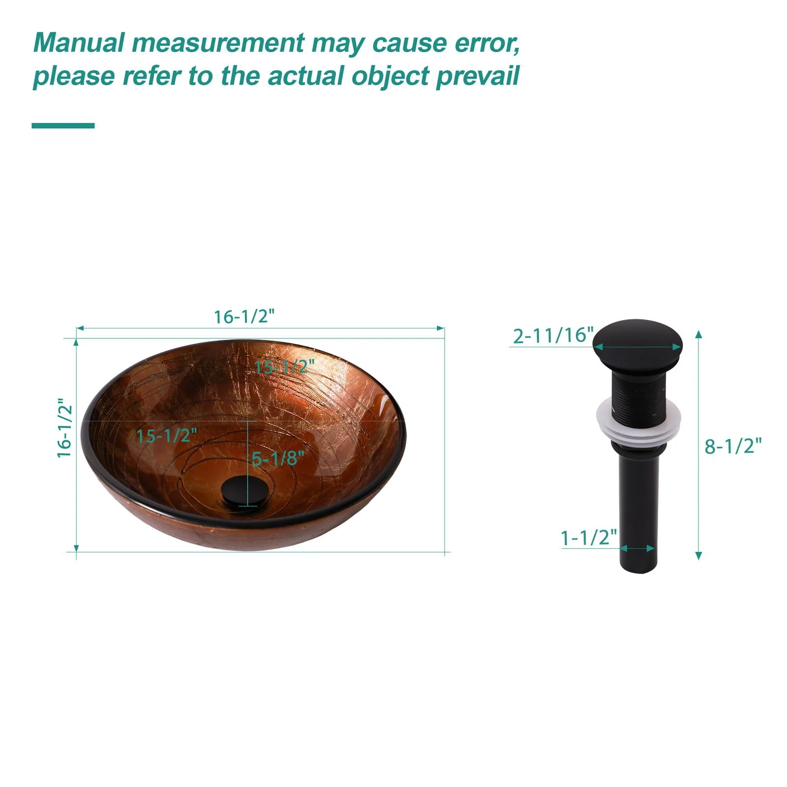 Vessel Bathroom Sink With Pop Up Drain, Round Bowl - Brown - Image 2