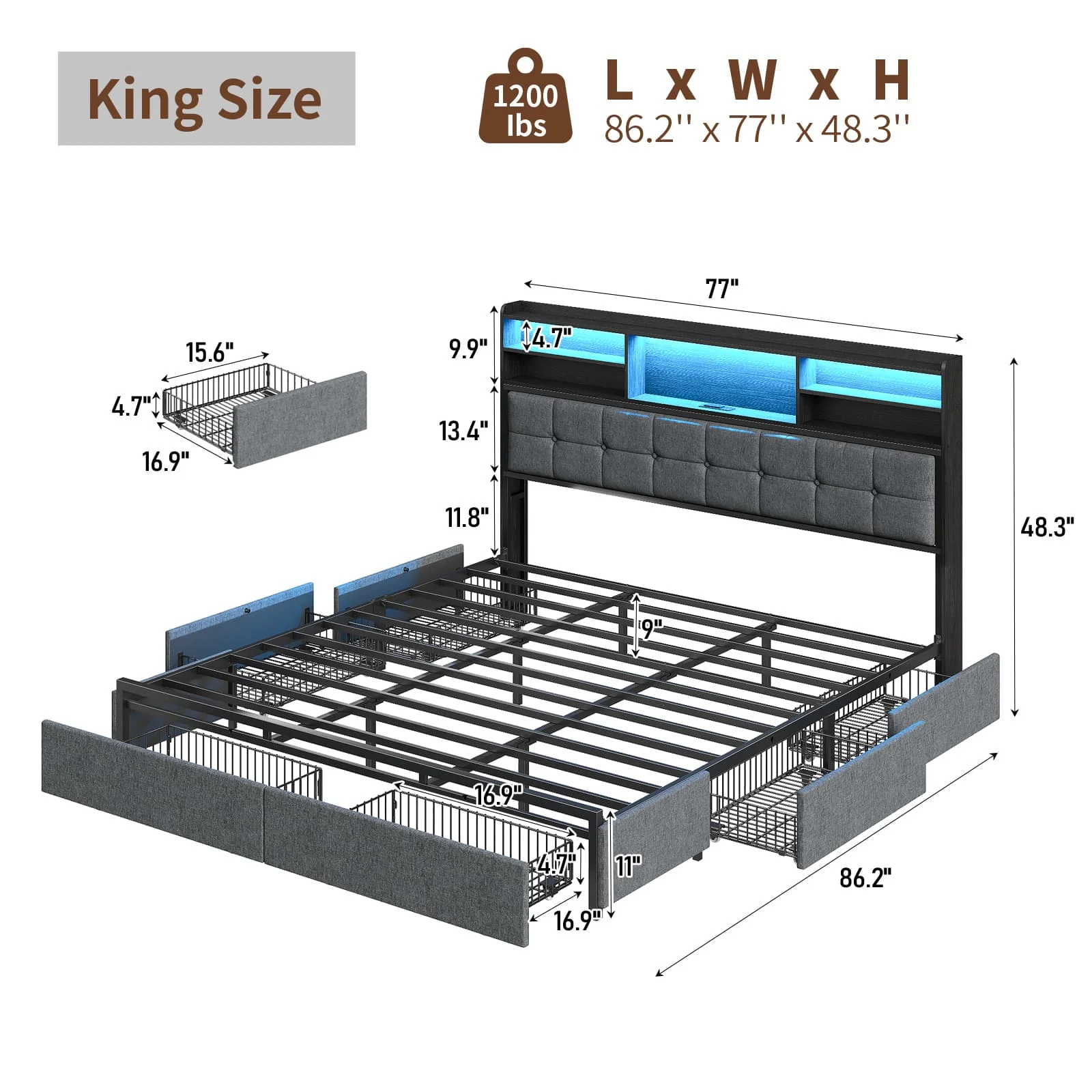 Bed Frame with 6 Drawers, USB Charging, LED Headboard - Image 4