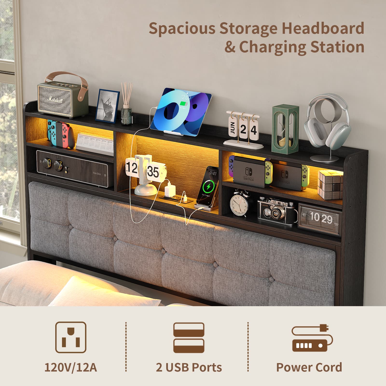 Bed Frame with 6 Drawers, USB Charging, LED Headboard - Image 6