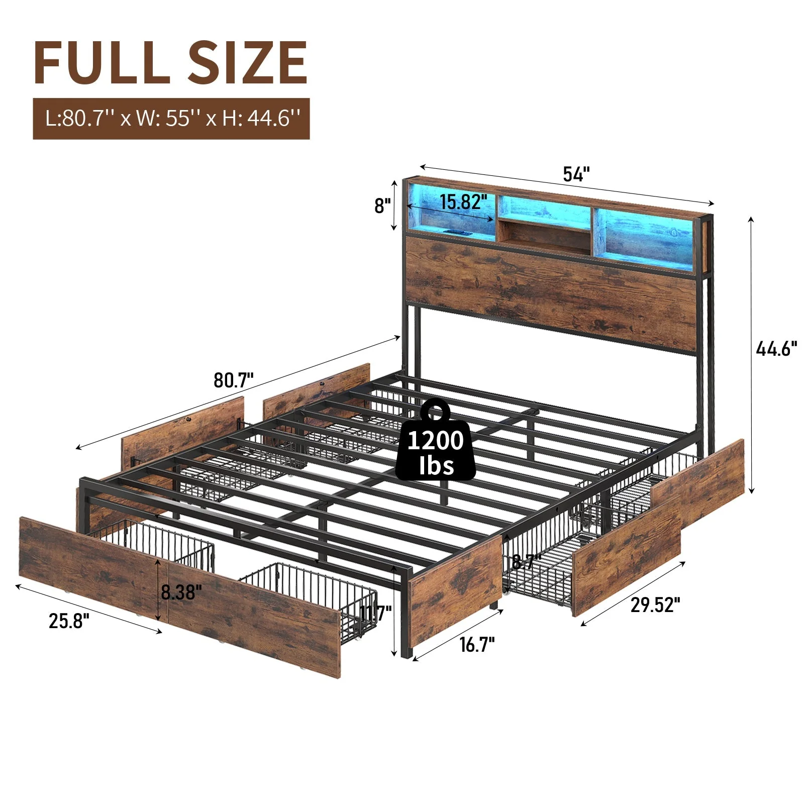 Bed Frame with LED Headboard, Charging Ports - Image 3