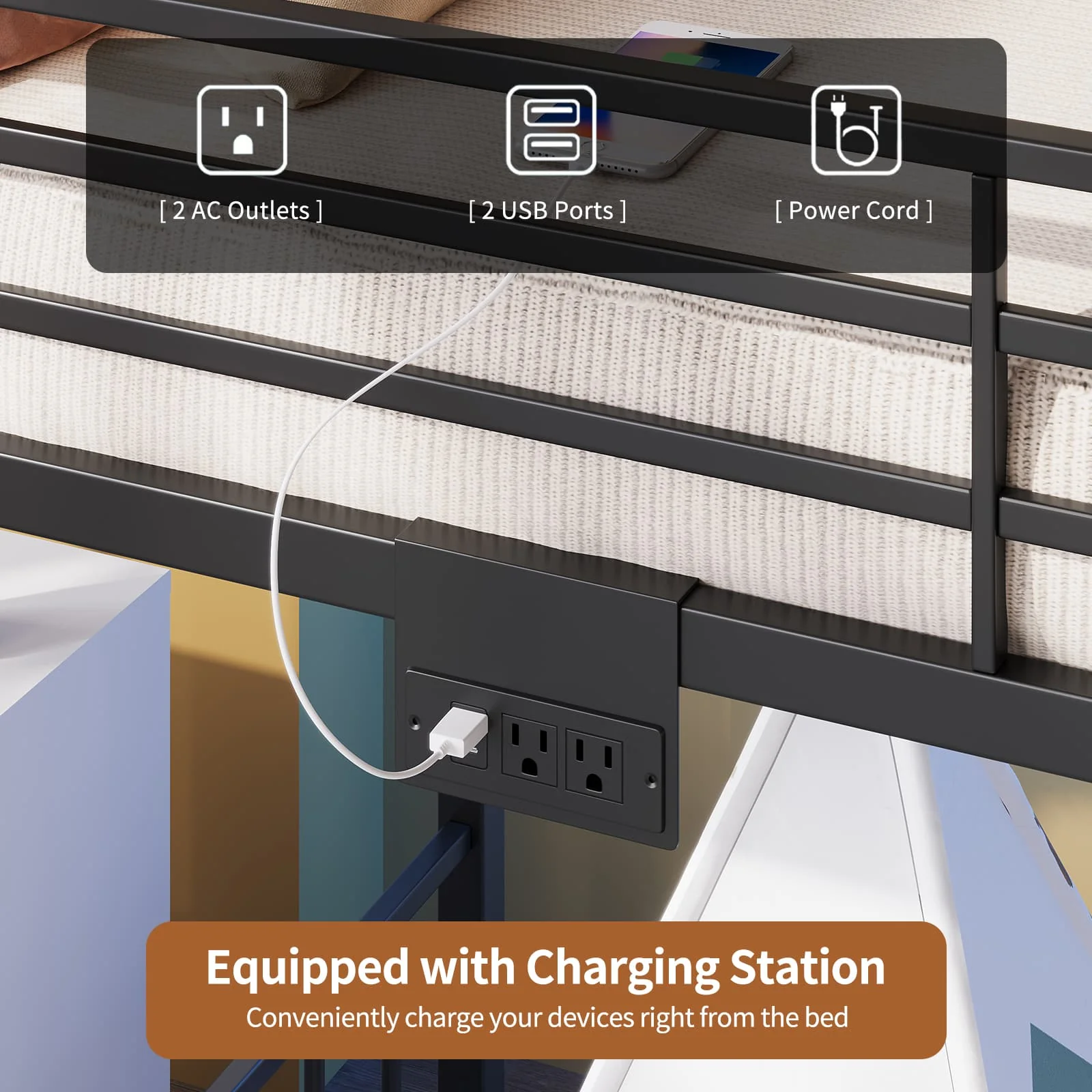 Twin Bunk Bed Frame with Charging Station & RGB LED, with Ladder - Image 8