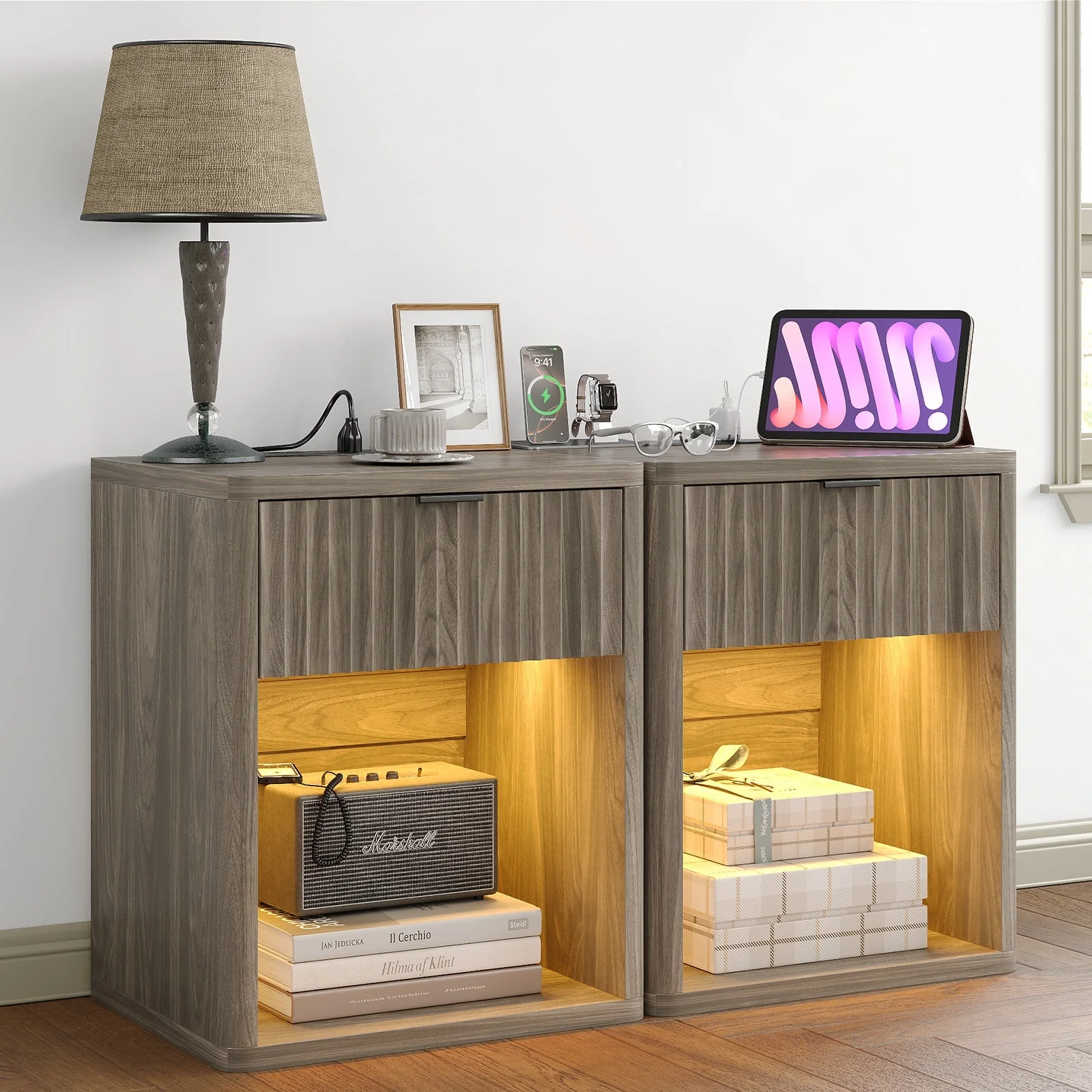 Fluted Nightstands with LED & Charging Station, Oak - Image 12