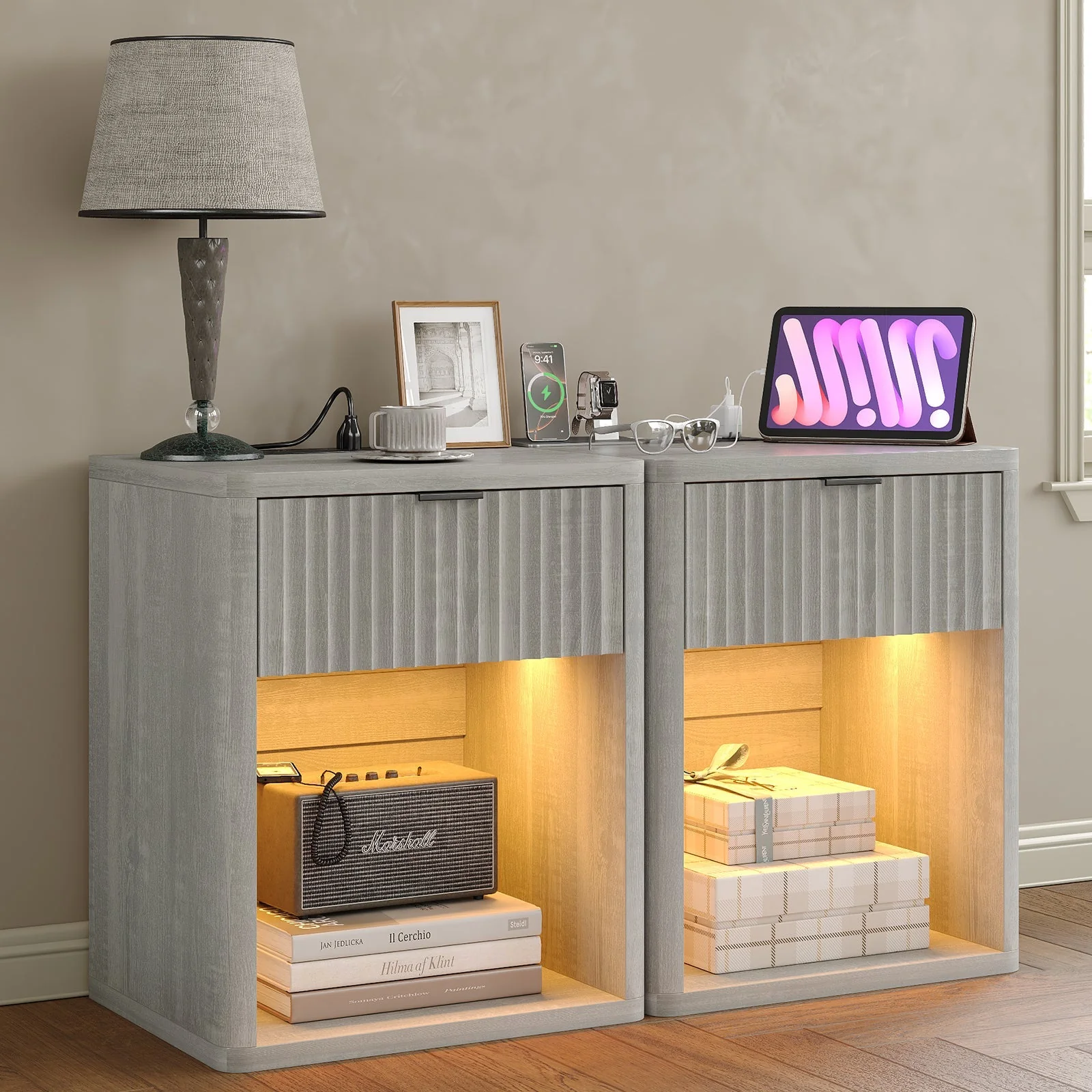 Fluted Nightstands with LED & Charging Station, Oak - Image 13