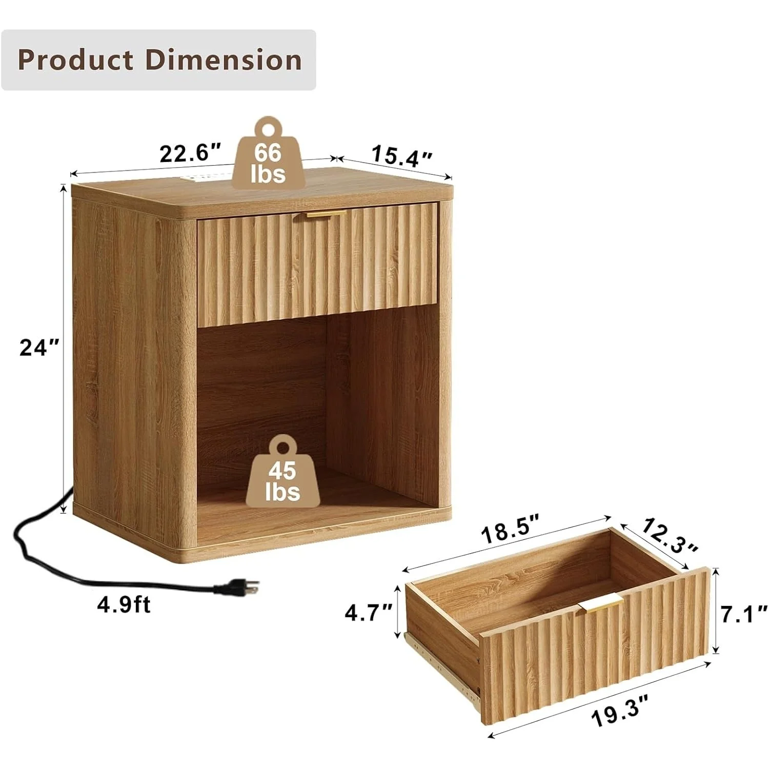 Fluted Nightstands with LED & Charging Station, Oak - Image 3