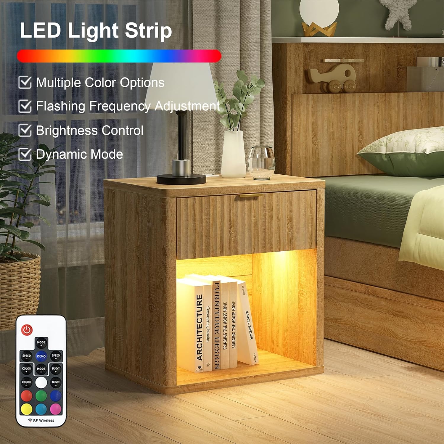 Fluted Nightstands with LED & Charging Station, Oak - Image 4