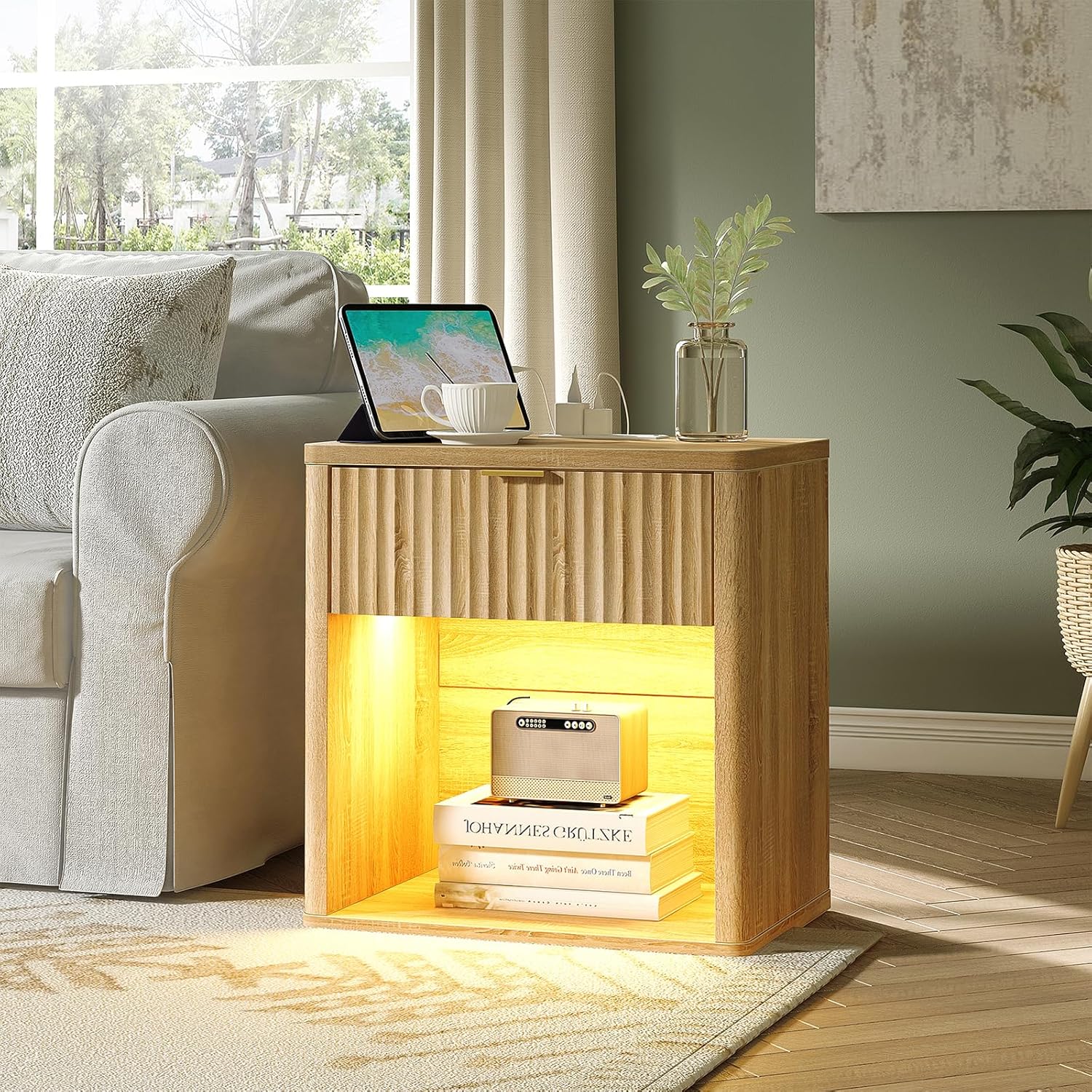 Fluted Nightstands with LED & Charging Station, Oak - Image 6