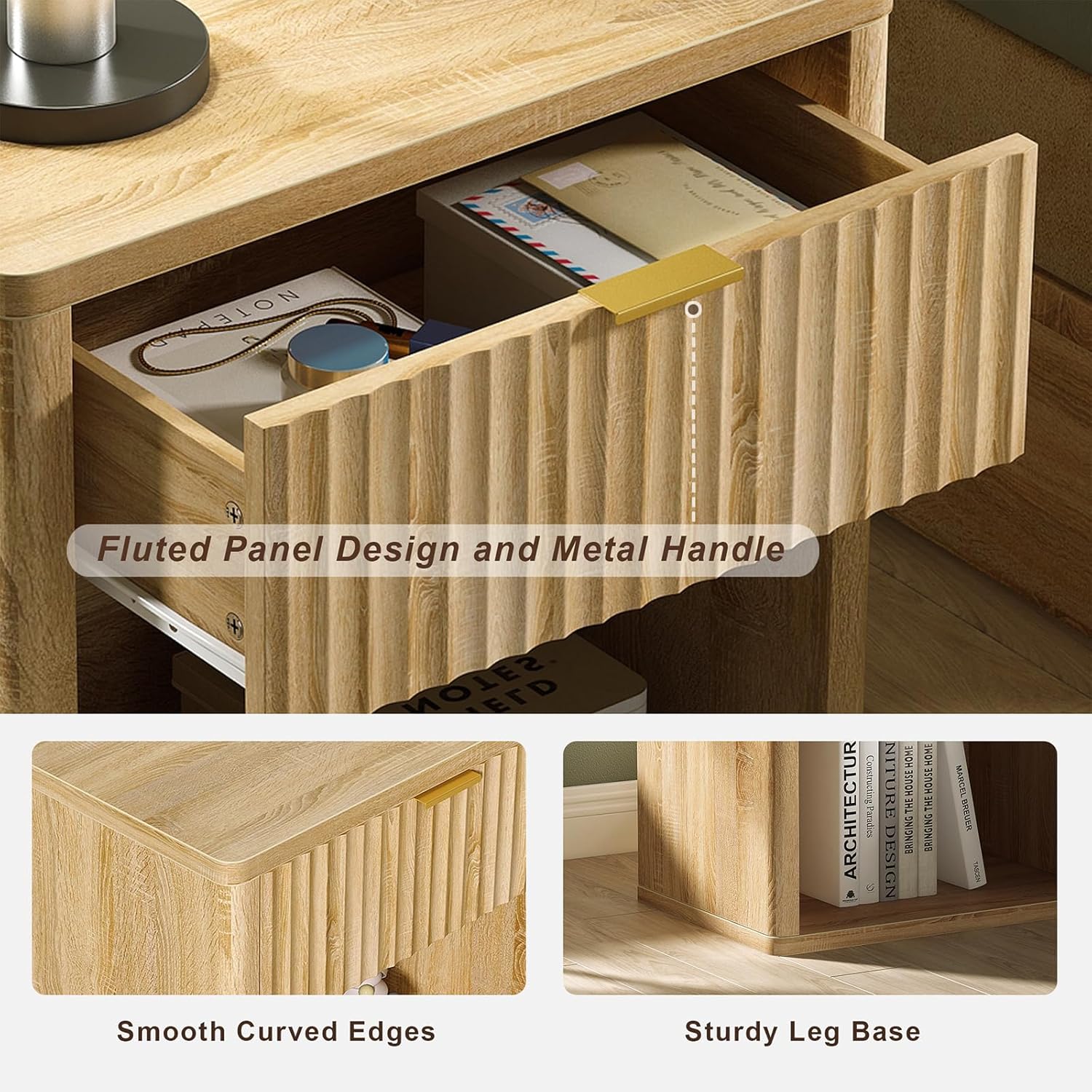 Fluted Nightstands with LED & Charging Station, Oak - Image 7