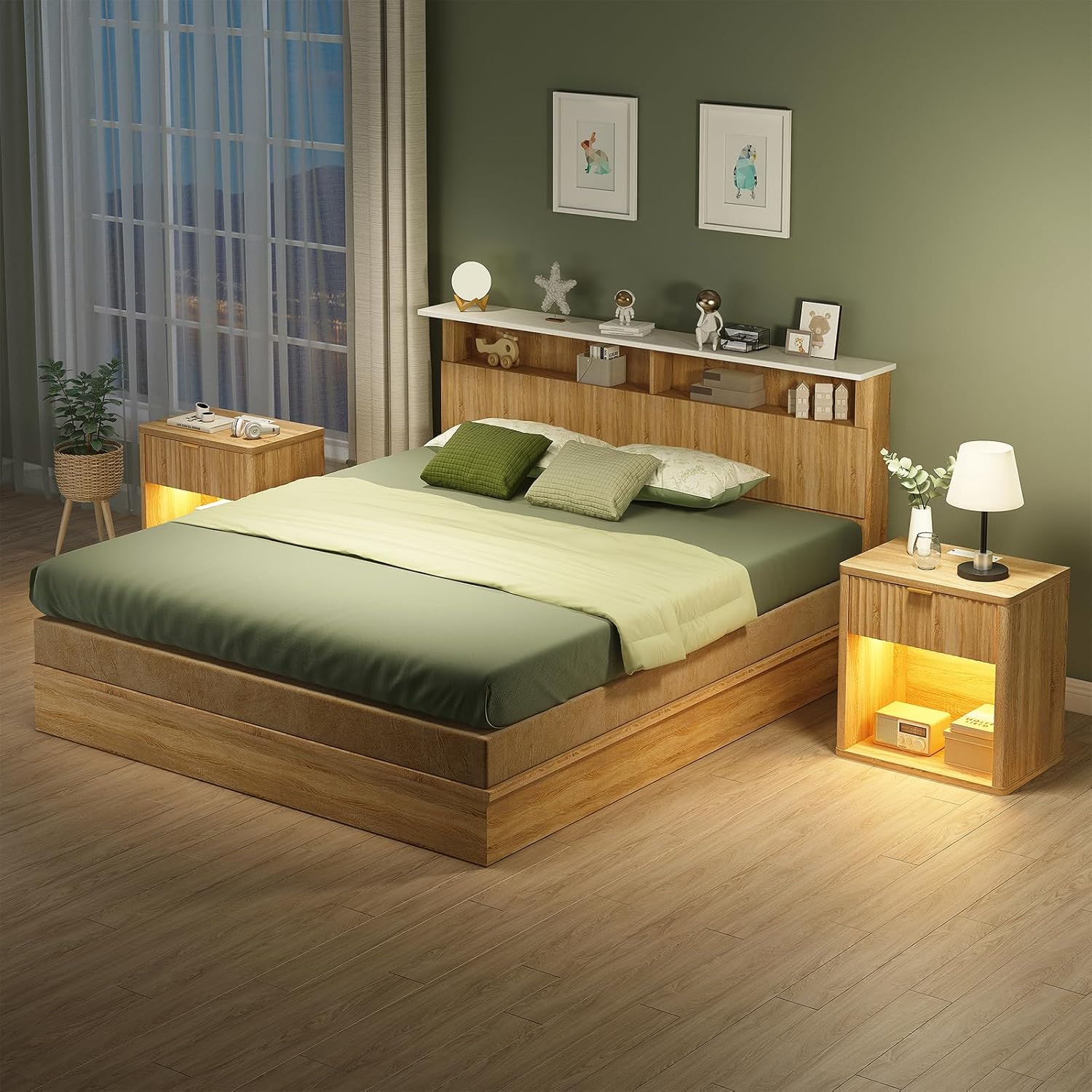 Fluted Nightstands with LED & Charging Station, Oak - Image 8