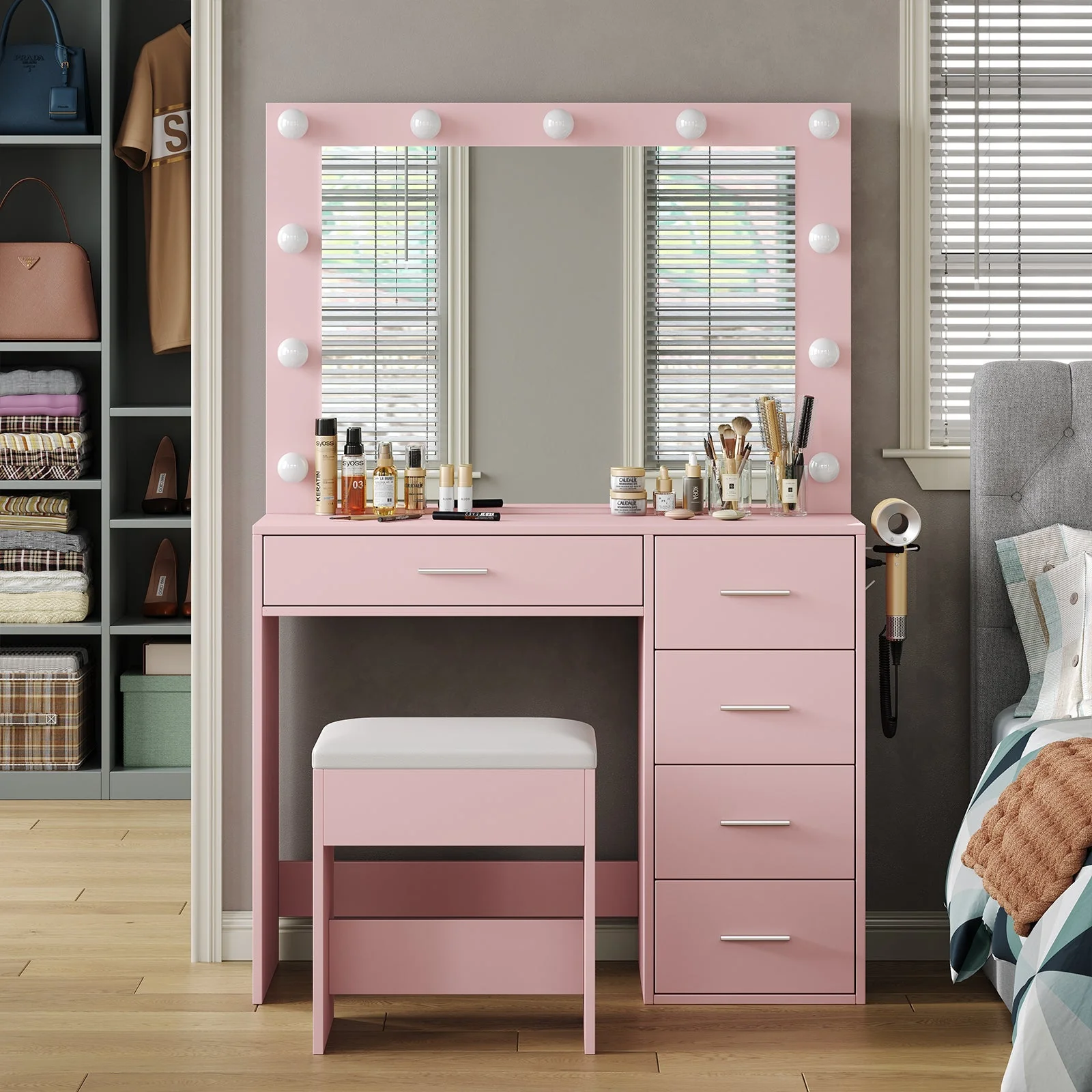 Makeup Vanity desk with LED Mirror, 5 Drawers - Image 19