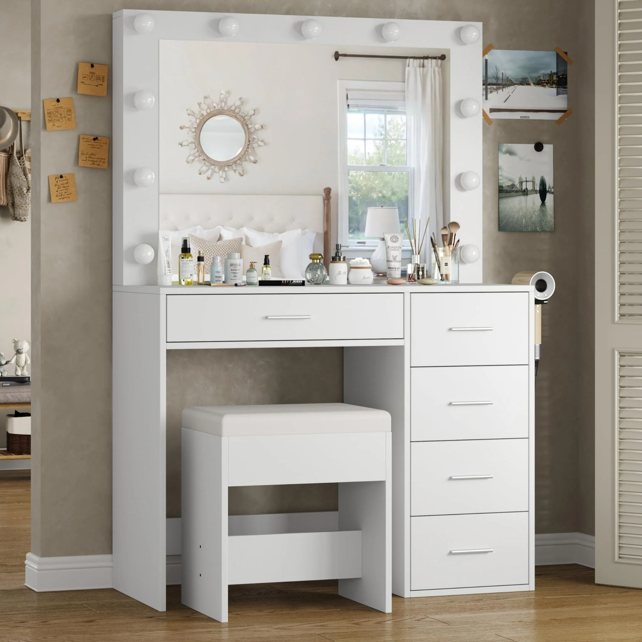 Makeup Vanity desk with LED Mirror, 5 Drawers - Image 4
