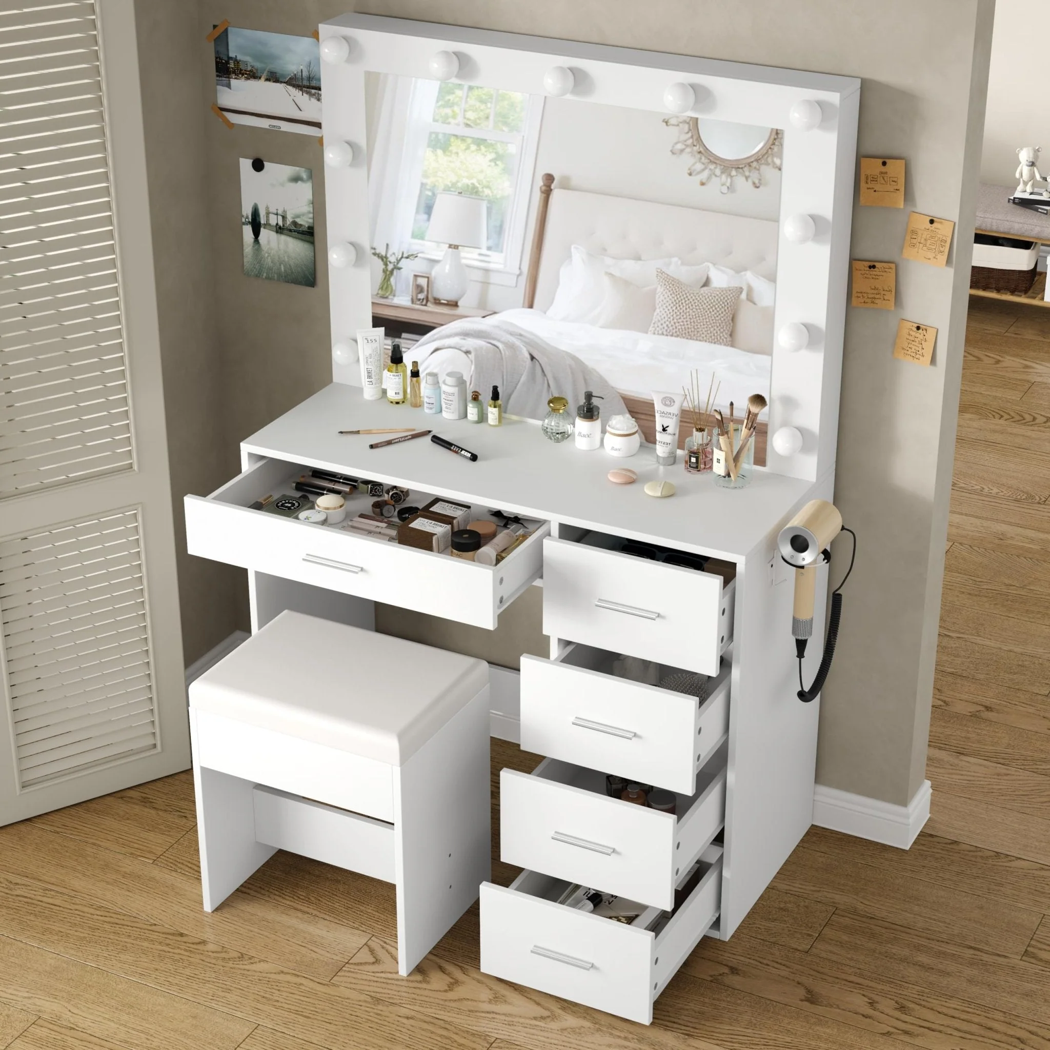 Makeup Vanity desk with LED Mirror, 5 Drawers - Image 7