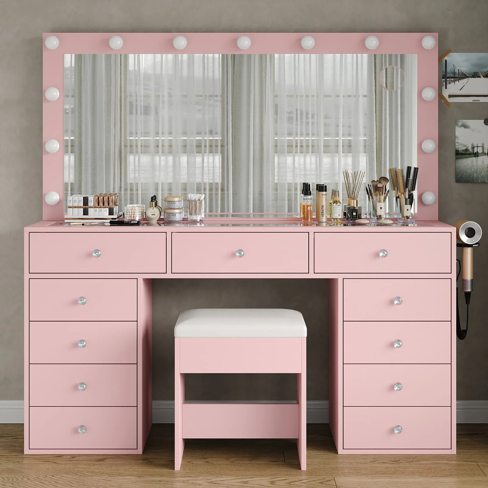 Makeup Vanity desk with LED Mirror, 11 Drawers - Image 11